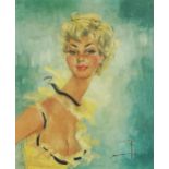Portrait of a scantily dressed female, pin-up school oil on canvas, bearing an indistinct signature,