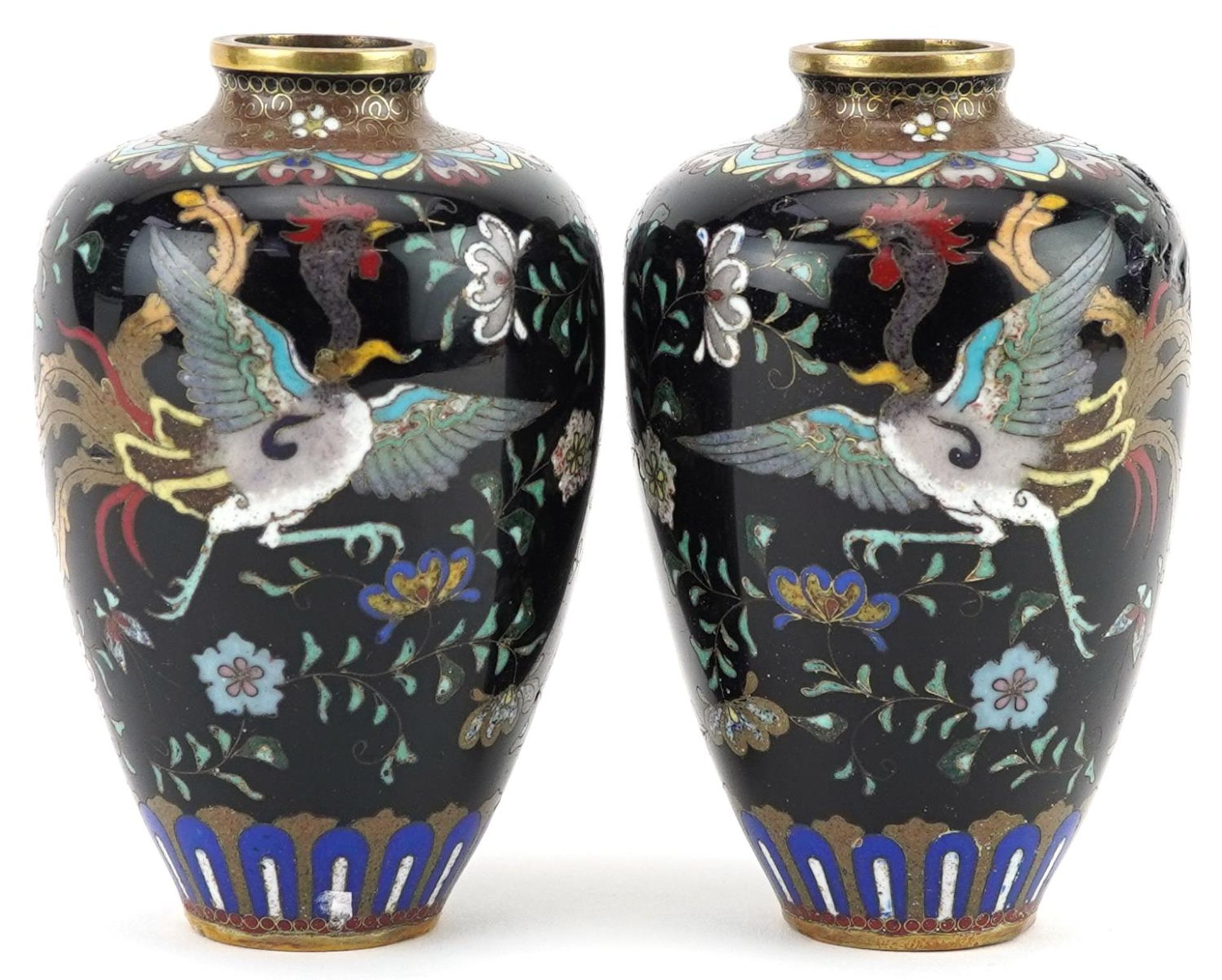 Pair of Japanese cloisonne vases, each enamelled with a mythical bird amongst flowers, each 9cm high
