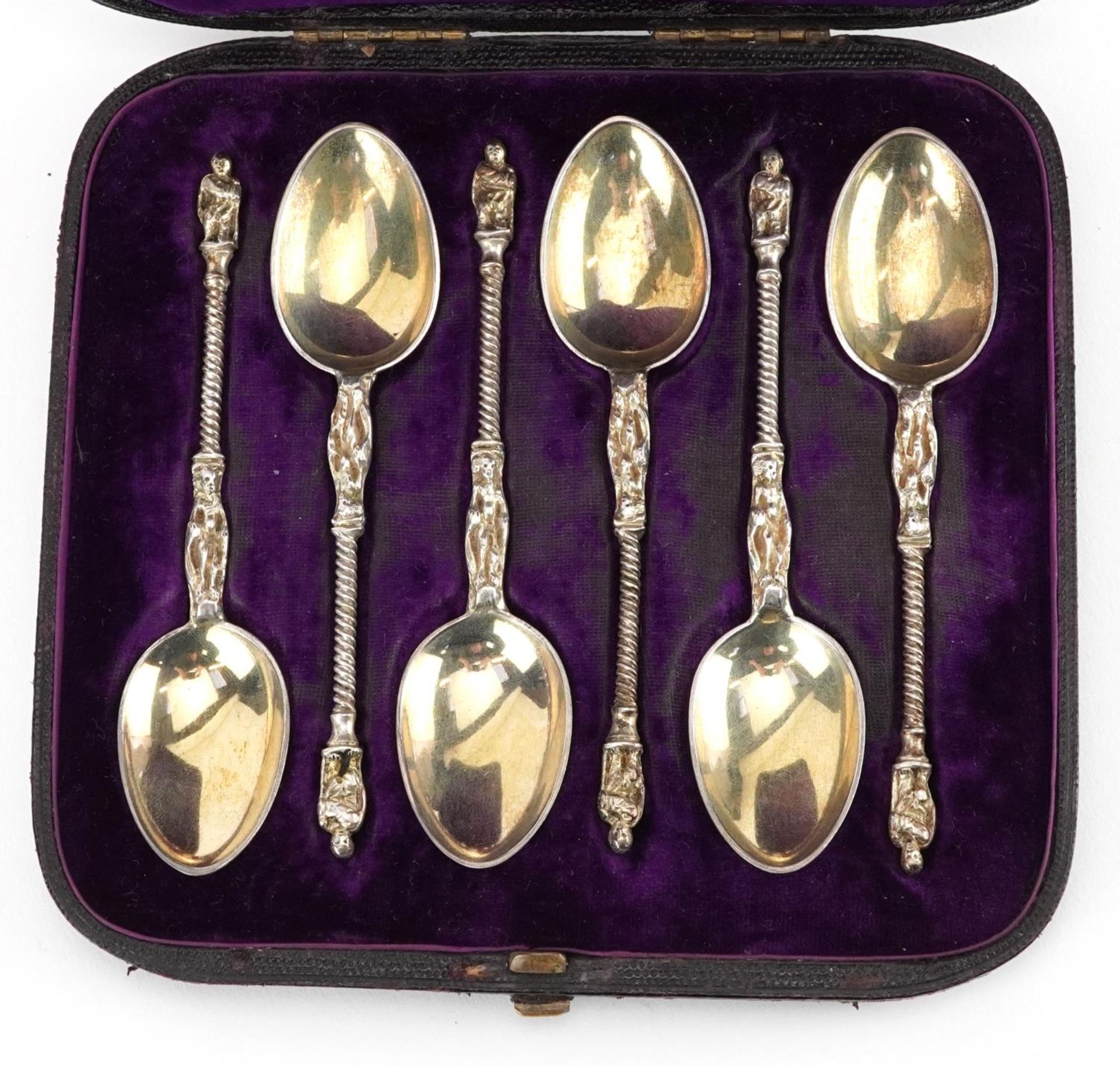 Set of six Victorian silver apostle spoons housed in a velvet and silk lined fitted case, indistinct - Image 2 of 4