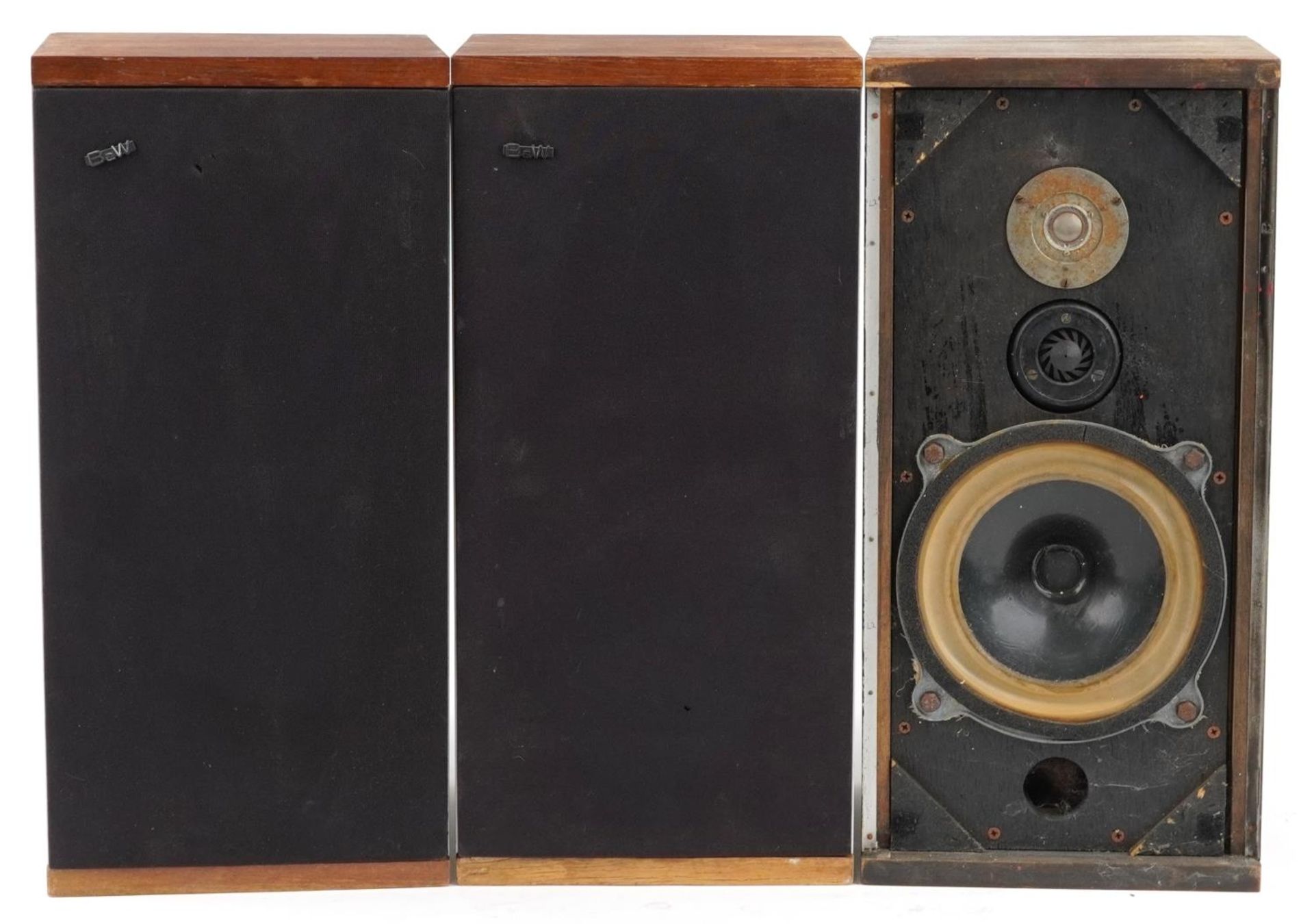 Three Bowers & Wilkins DB4 teak speakers, various serial numbers, each 53cm high