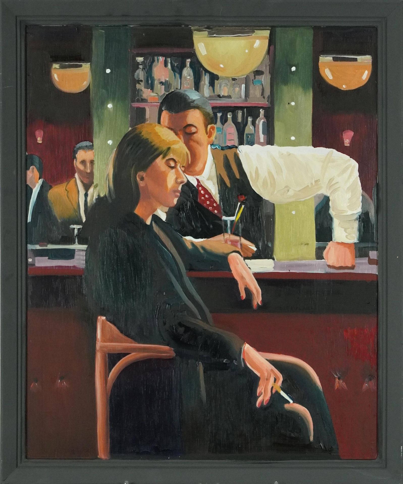 Clive Fredriksson after Jack Vettriano - Female at a bar, contemporary oil on board, mounted and - Bild 2 aus 3