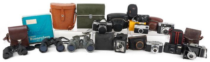 Vintage and later cameras and binoculars including Kodak and Sussex Armoury Apollo, 7 x 50