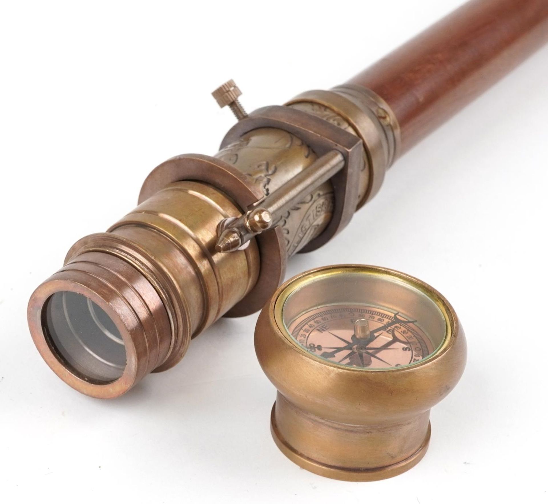 Hardwood walking stick with brass compass and two draw telescope handle, 99cm in length - Image 5 of 5