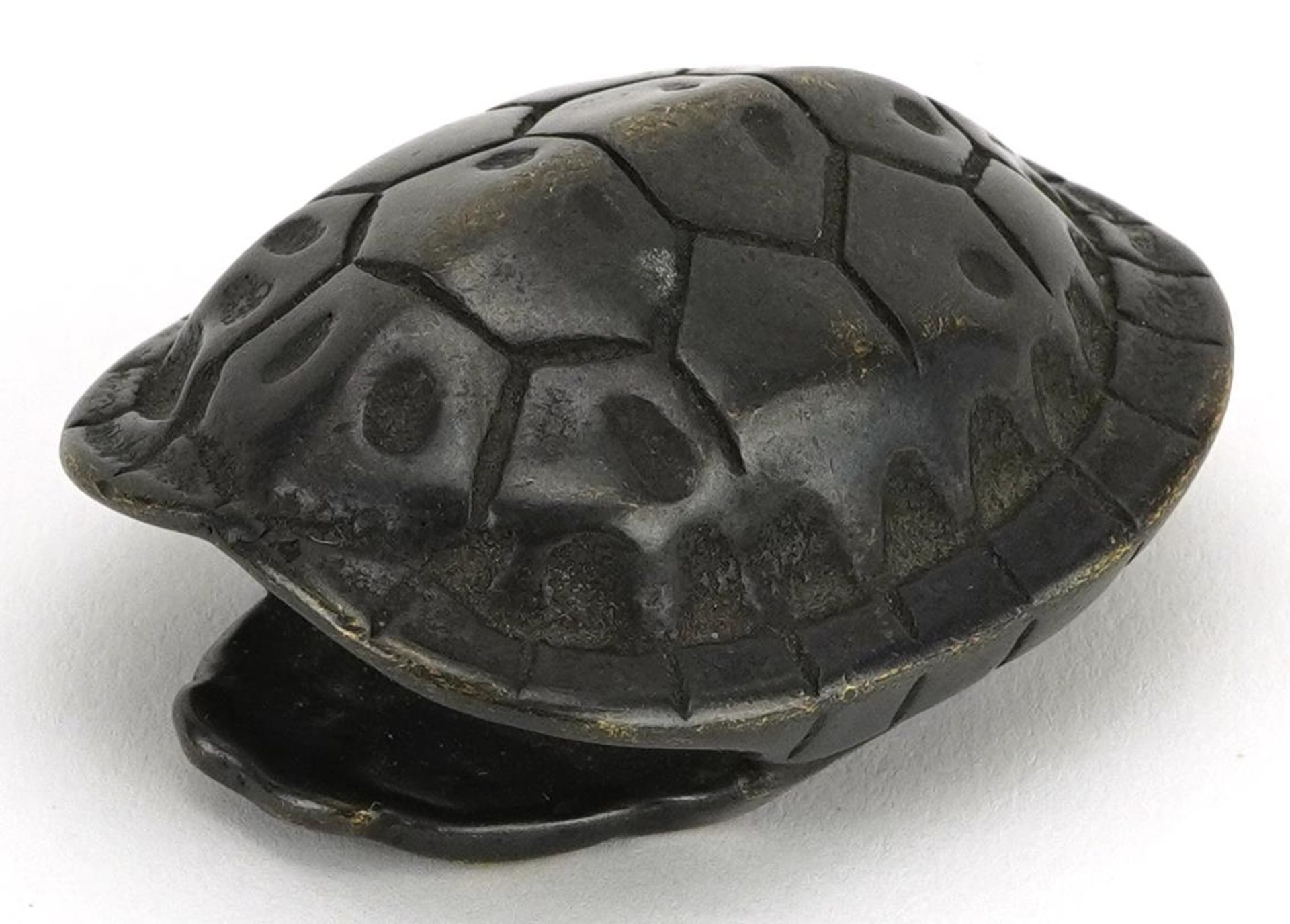 Patinated bronze model of a turtle shell, 6cm in length