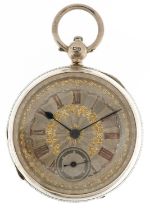 Edwardian gentlemen's silver open face key wind pocket watch having ornate silvered and subsidiary