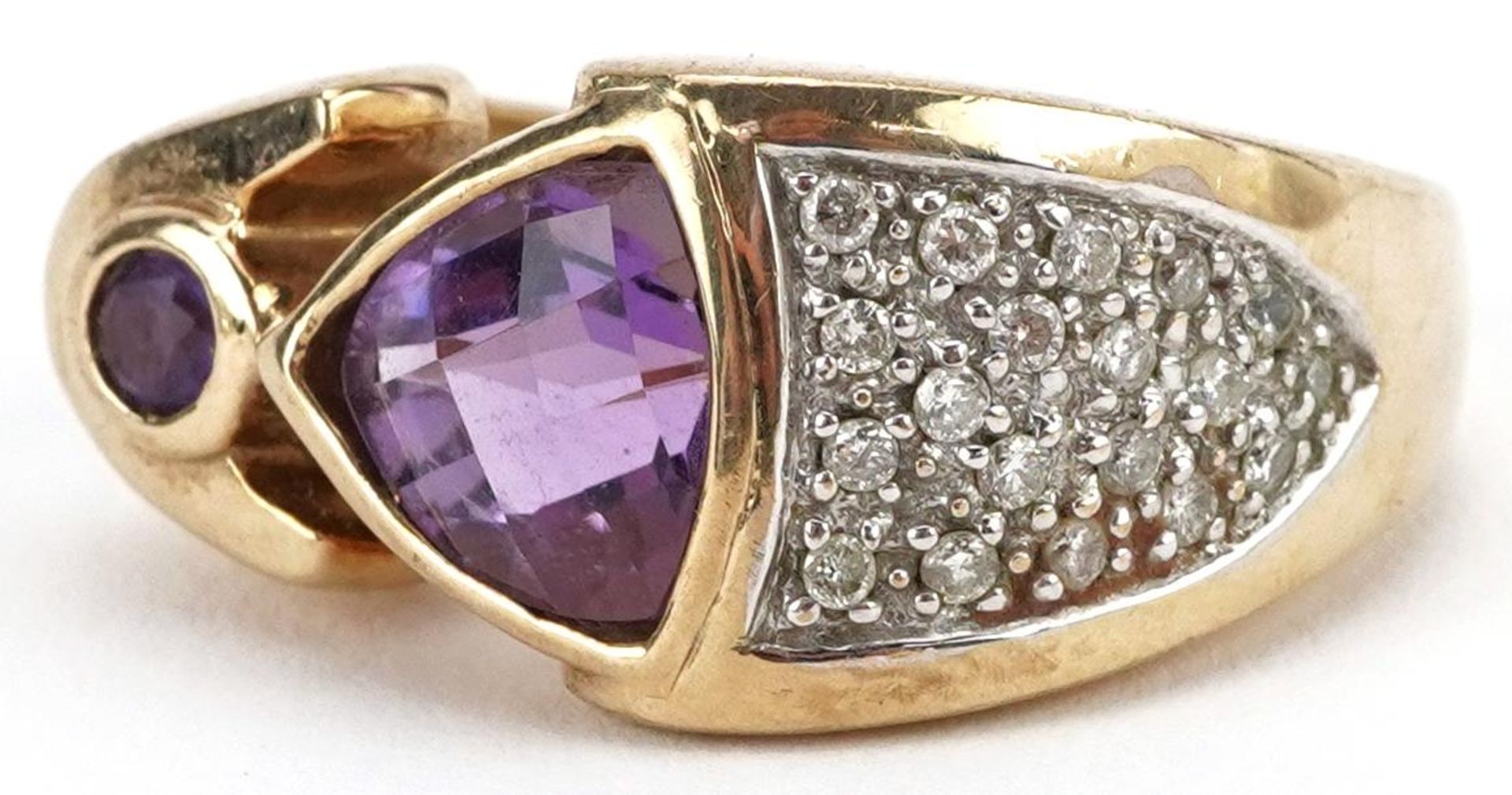 Modernist 9ct gold amethyst and diamond ring, size T, 13.6g - Image 2 of 5