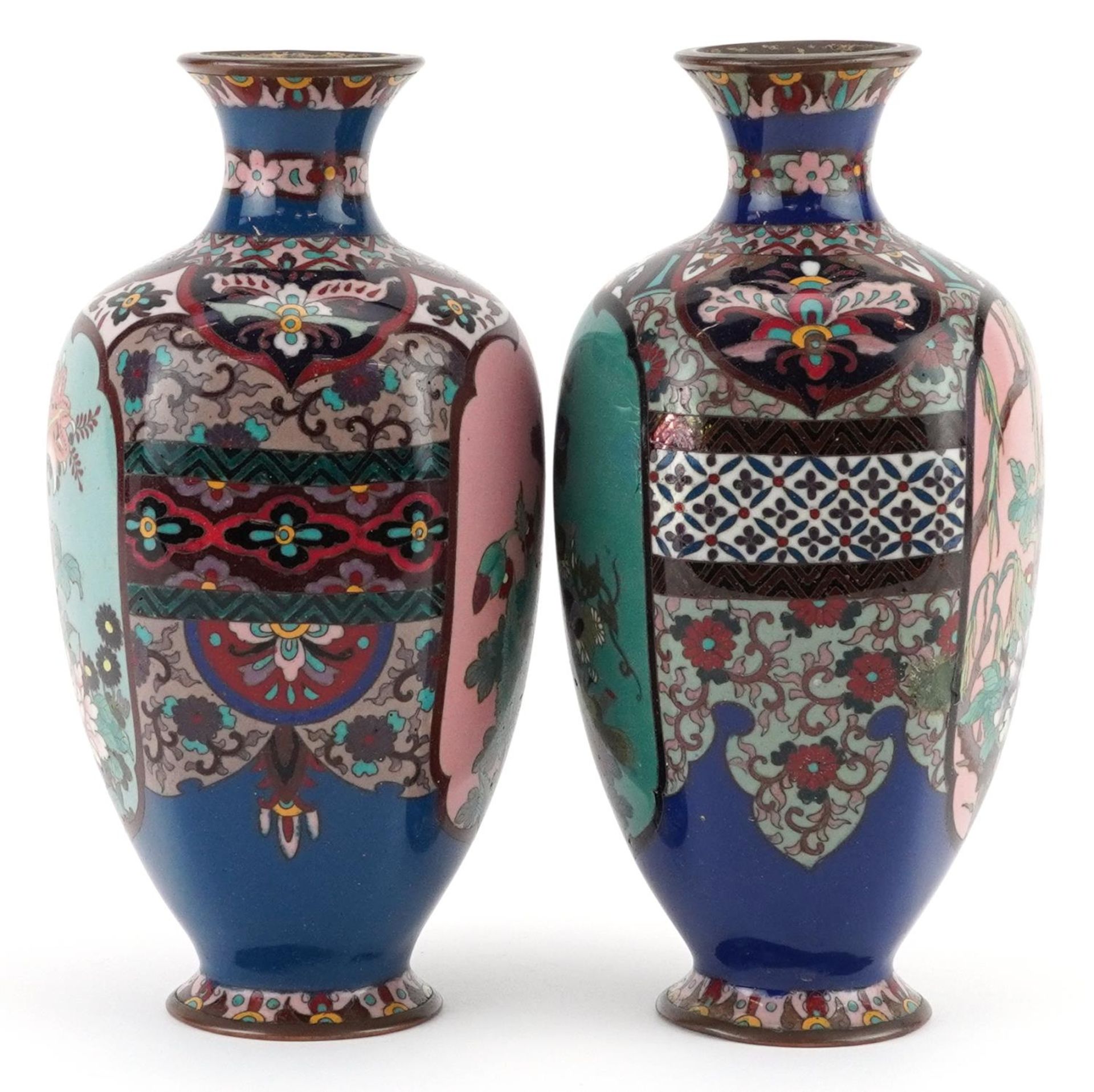 Pair of Japanese cloisonne vases with hexagonal bodies enamelled with panels of flowers, each 18cm - Image 2 of 6