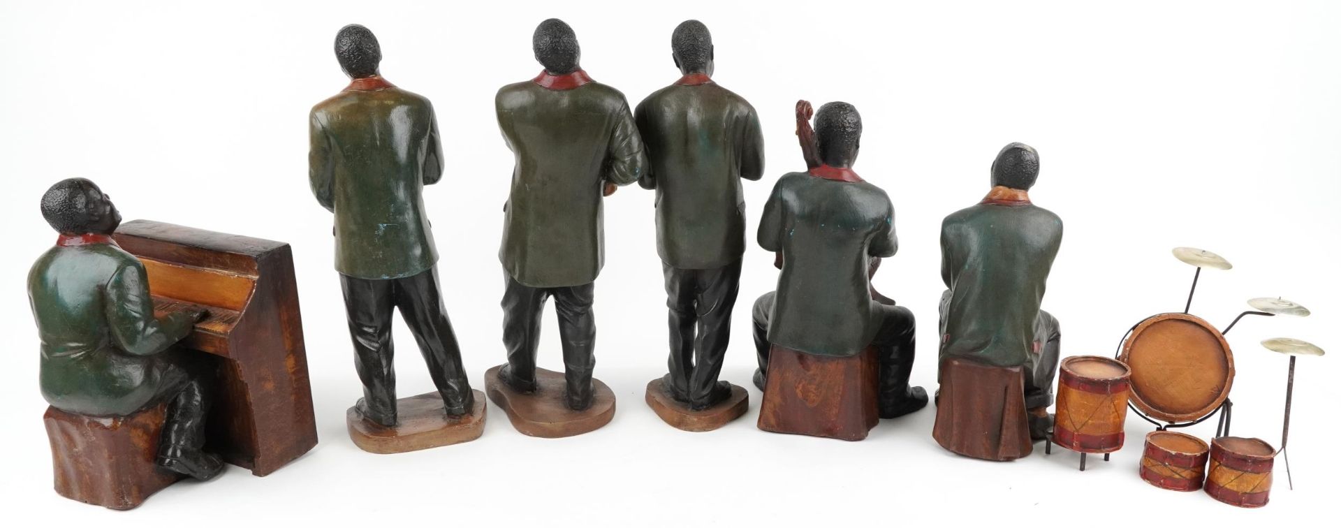 Large vintage hand painted fibreglass five piece jazz band including drummer and pianist, 55cm high - Image 2 of 2
