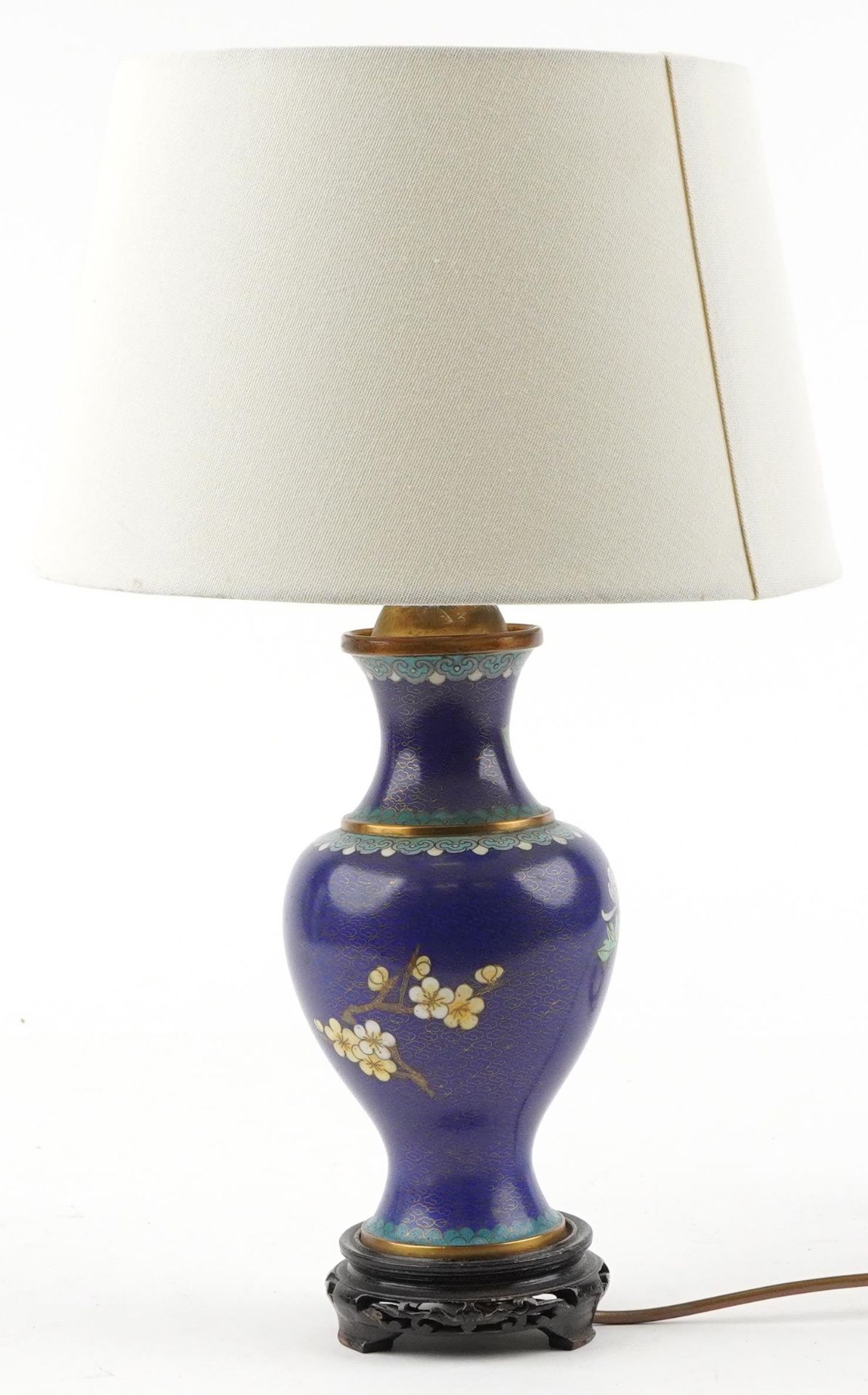 Chinese cloisonne baluster vase table lamp with shade enamelled with a bird amongst flowers, - Image 2 of 3