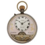 Hebdomas, Swiss eight day silver keyless open face pocket watch having enamelled dial with Roman