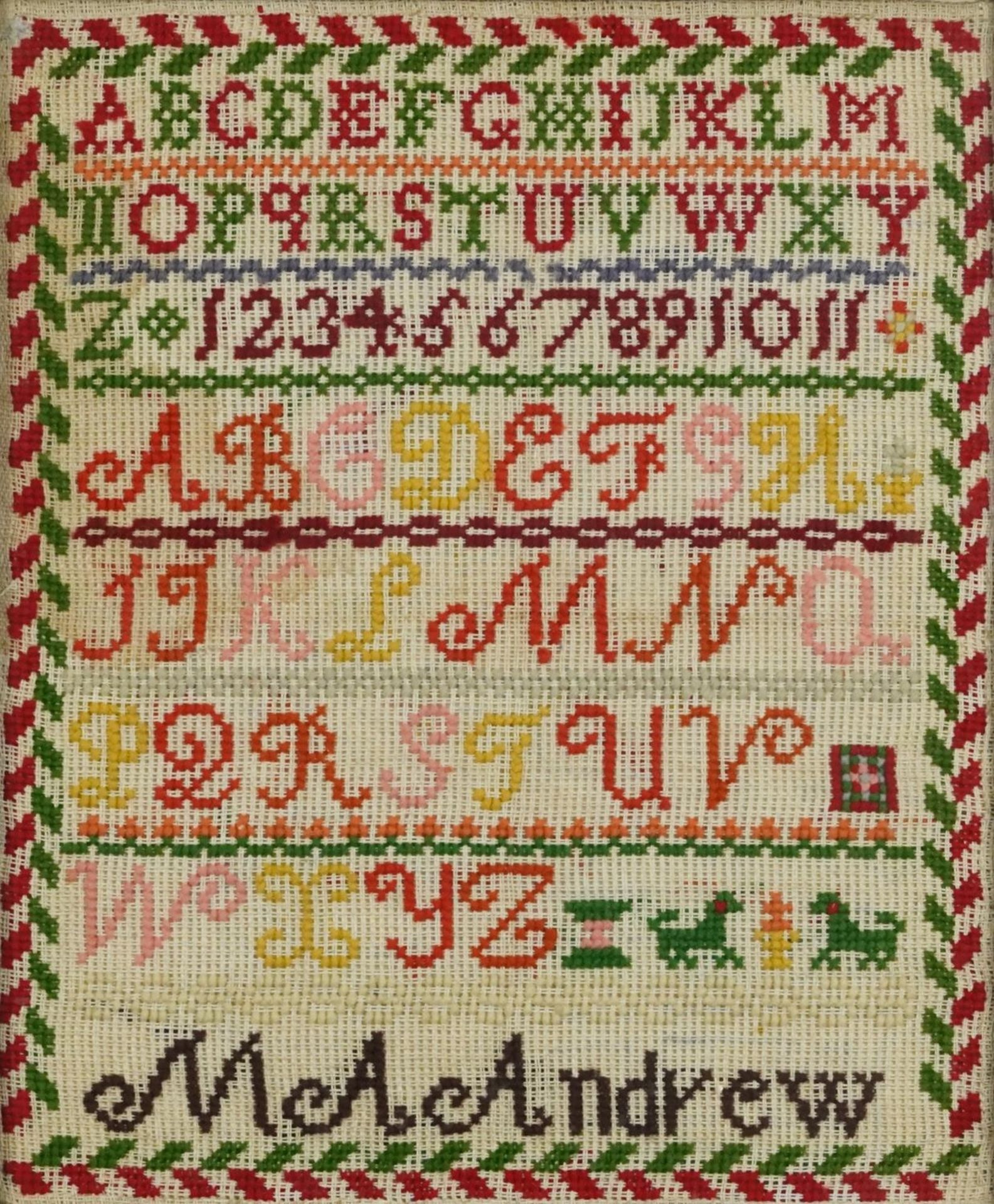 Needlework sampler worked by M A Andrew, framed and glazed, 31.5cm x 26cm excluding the frame
