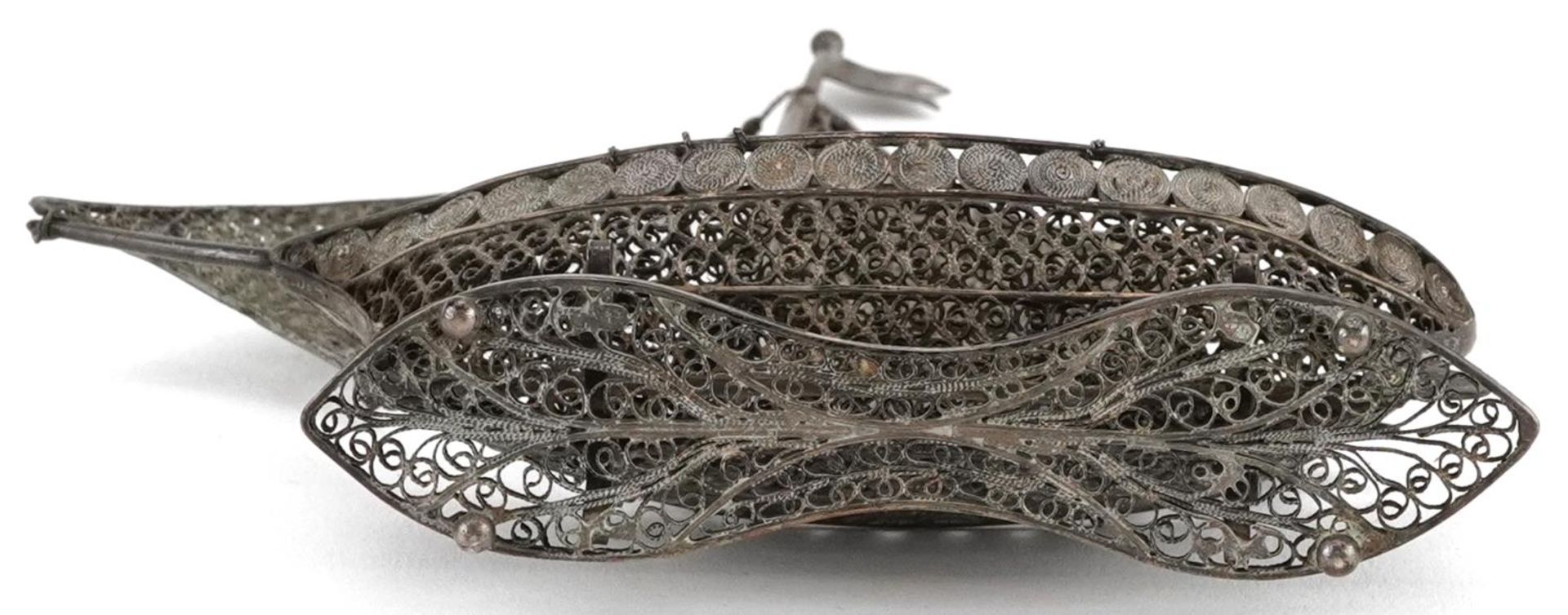 Maltese unmarked silver filigree model of a sailing boat, 13cm high, 54.5g - Image 3 of 3