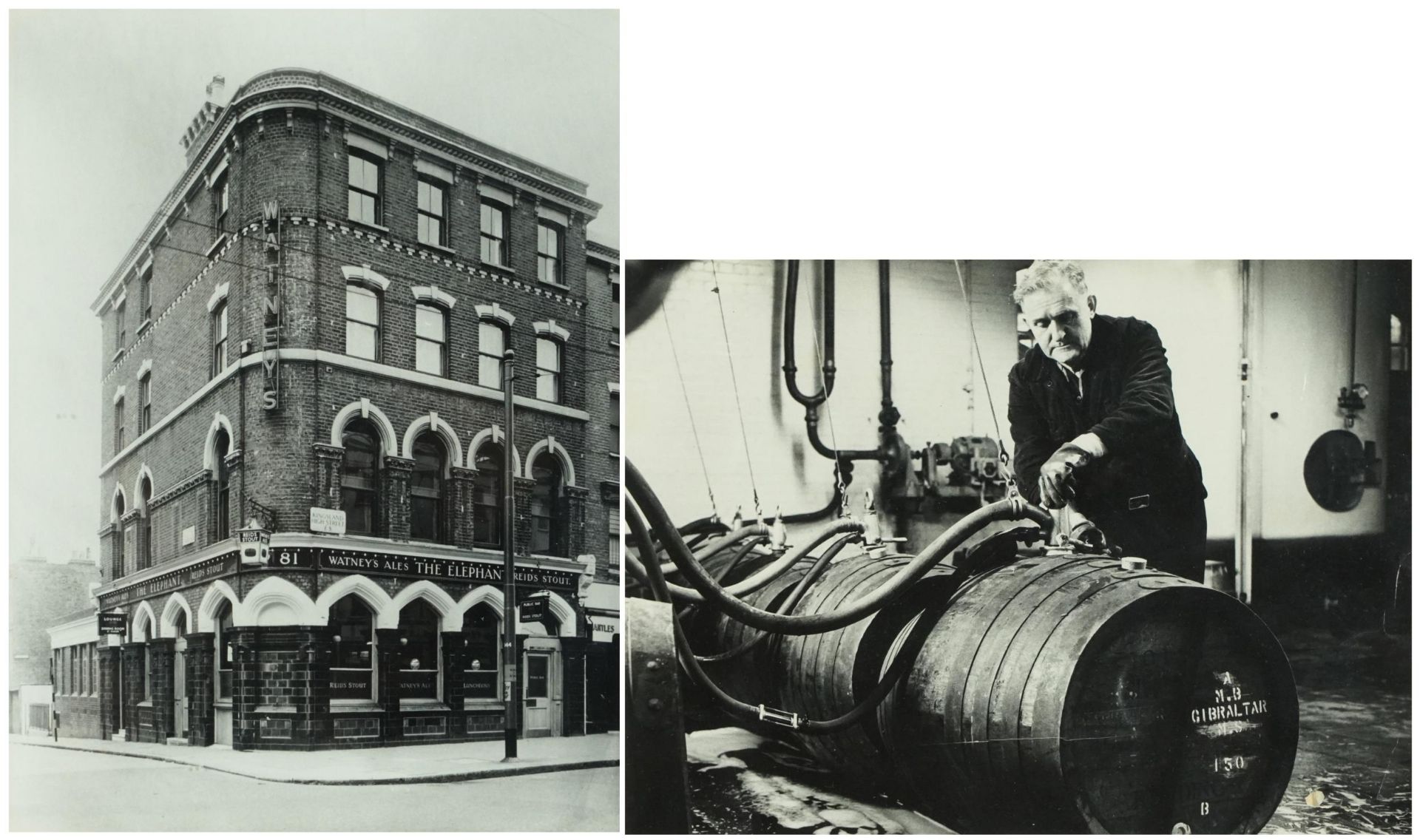 Two breweriana interest black an white photographs including The Elephant Pub advertising Watney's