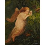 After Alexander Rossi - Female with flower, Pre-Raphaelite school oil on canvas board, mounted and