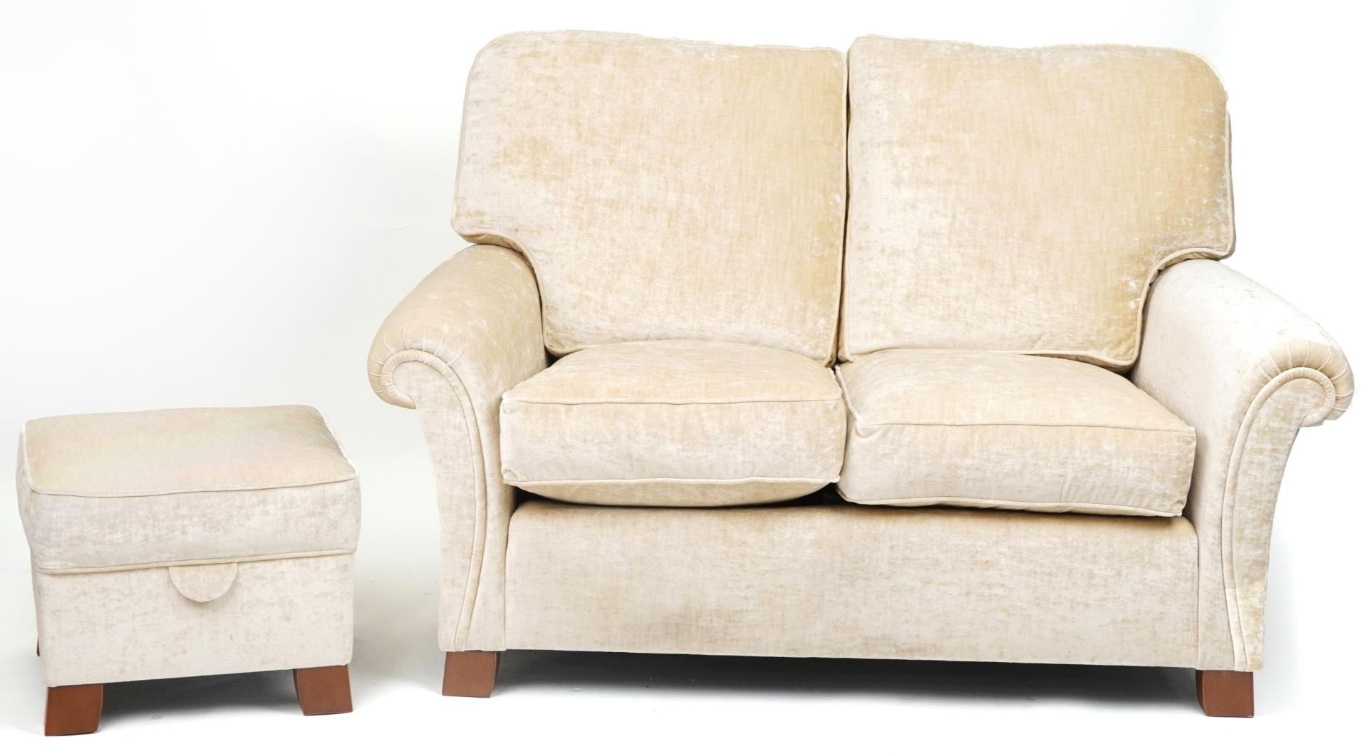 Contemporary beige upholstered two seater settee with matching footstool, 100cm H x 145cm W x - Image 2 of 4