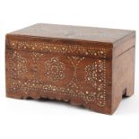 Asian hardwood trunk with mother of pearl foliate inlay, 25.5cm high, 45.5cm W x 24cm D