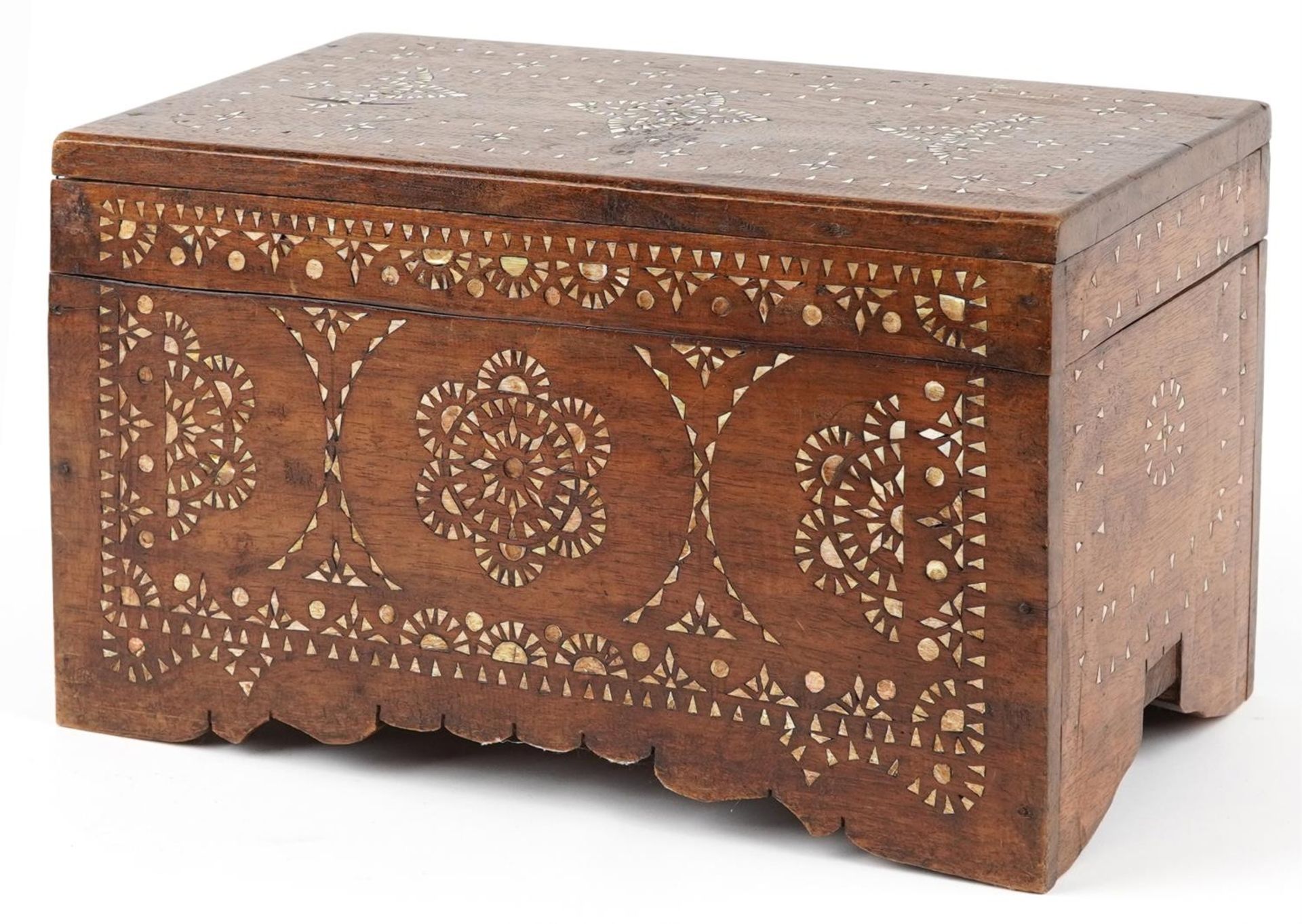 Asian hardwood trunk with mother of pearl foliate inlay, 25.5cm high, 45.5cm W x 24cm D