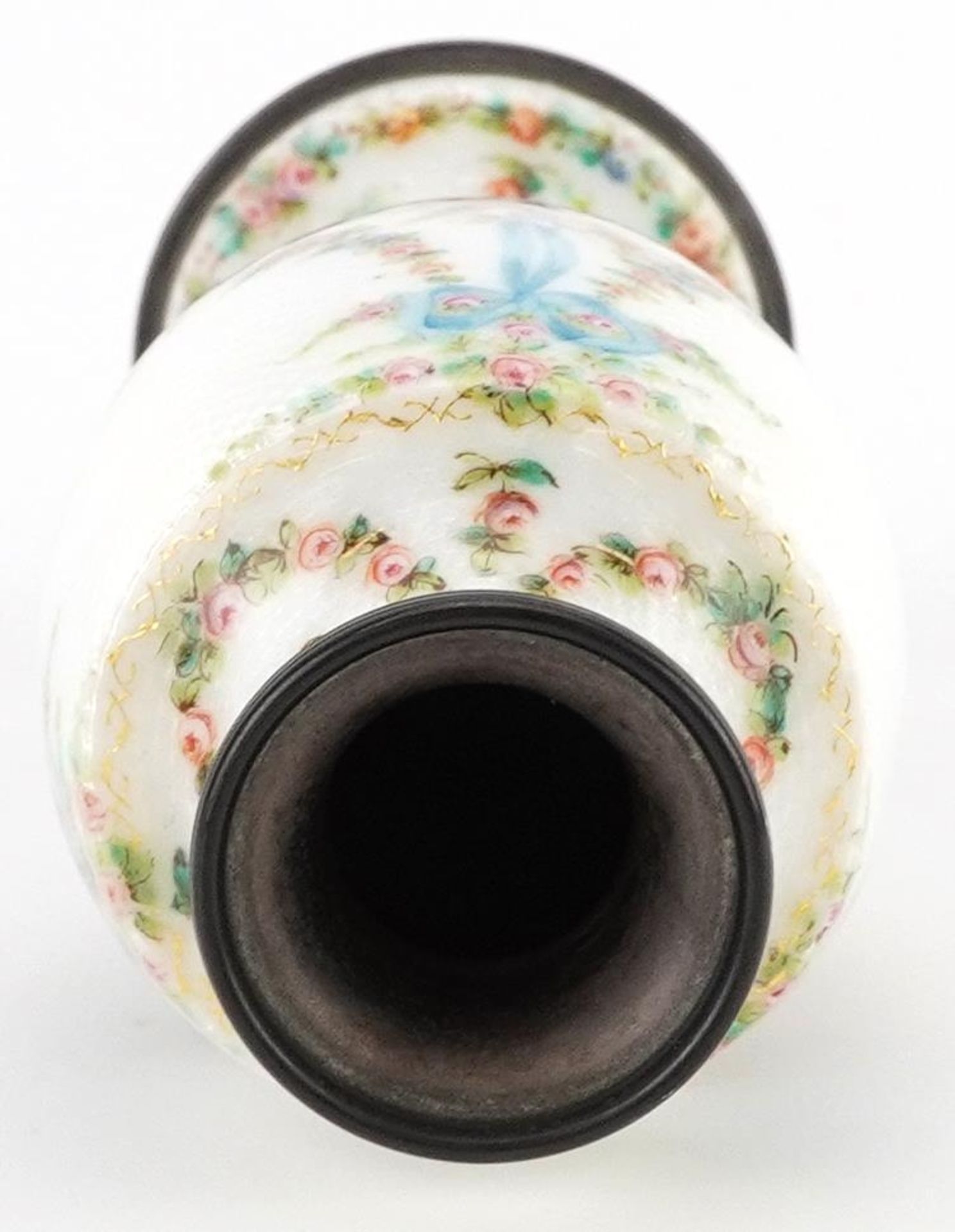 19th century French silver and white guilloche enamel vase finely hand painted with swags, ribbons - Image 9 of 10