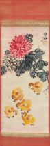 Attributed to Qi Baishi - Chrysanthemums and chicks, Chinese ink and watercolour walll hanging