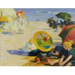 Busy beach scene, French impressionist oil on board, mounted and framed, 43cm x 34cm excluding the