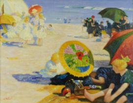 Busy beach scene, French impressionist oil on board, mounted and framed, 43cm x 34cm excluding the