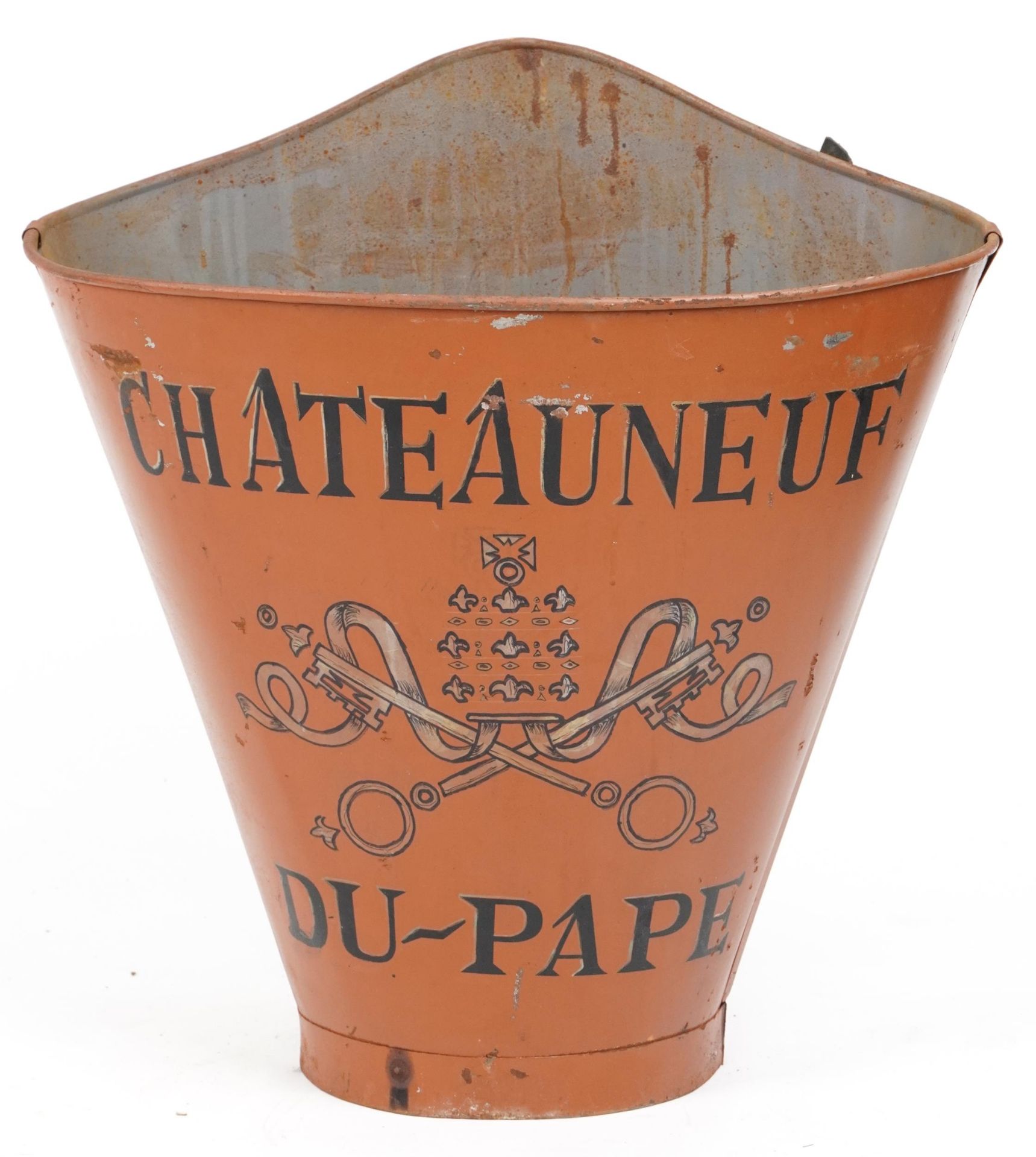 Chateauneuf du Pape painted tin advertising grape pickers hod/bucket, 62cm high