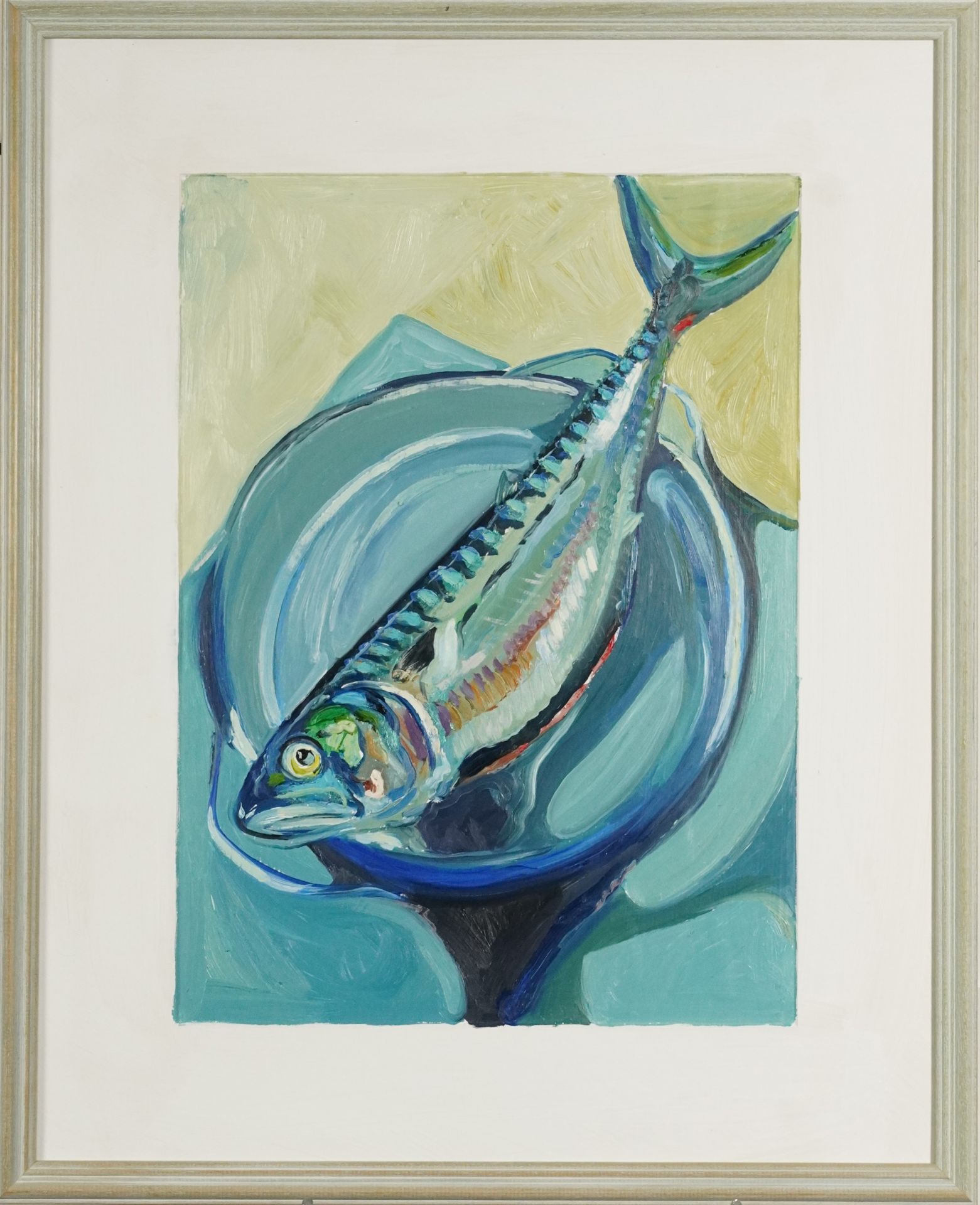 Clive Fredriksson - Still life with fish, contemporary oil on board, mounted and framed, 42cm x 30. - Image 2 of 3
