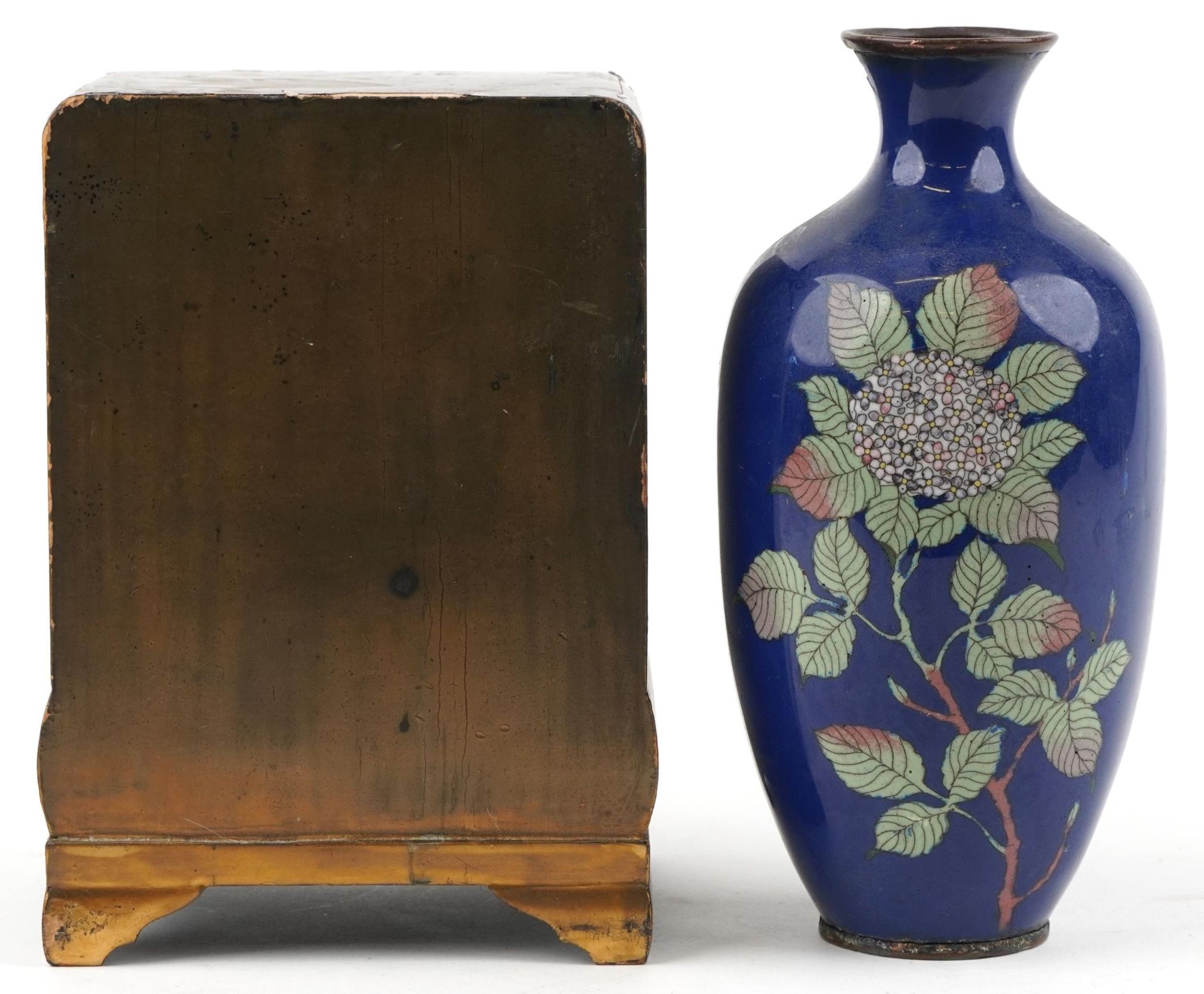 Japanese cloisonne vase enamelled with flowers and a Japanese lacquered table cabinet hand painted - Image 3 of 6