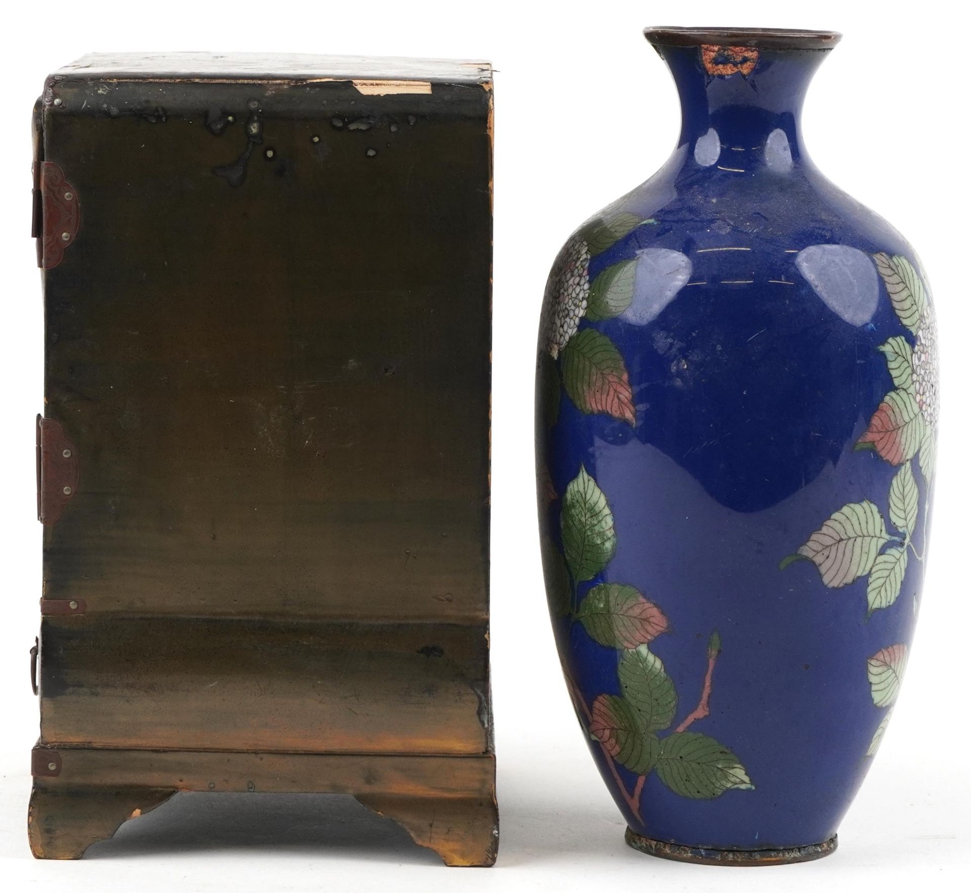 Japanese cloisonne vase enamelled with flowers and a Japanese lacquered table cabinet hand painted - Image 2 of 6