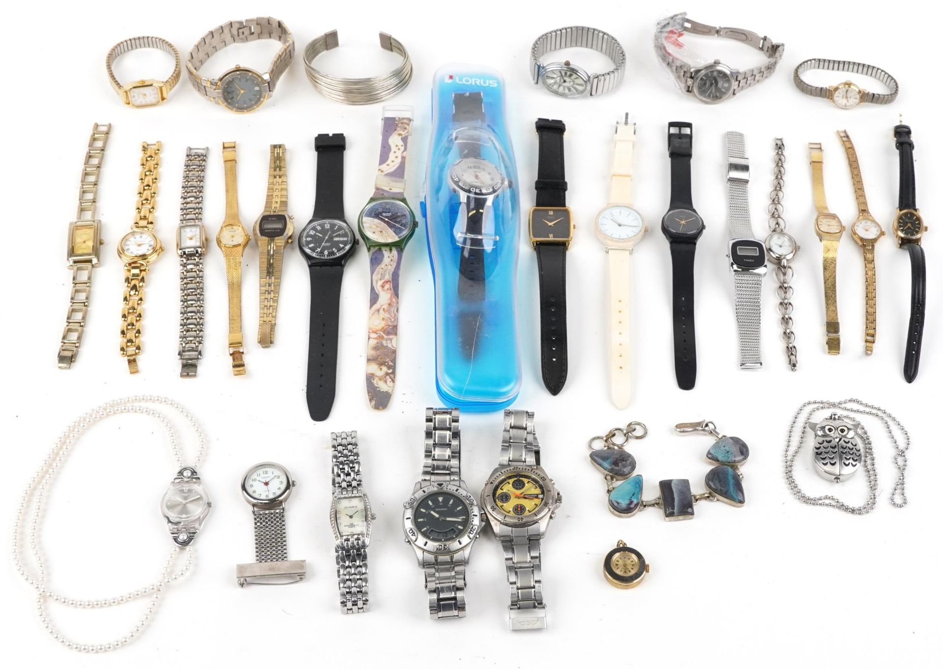 Vintage and later ladies and gentlemen's wristwatches and costume jewellery including Lorus, Swatch,