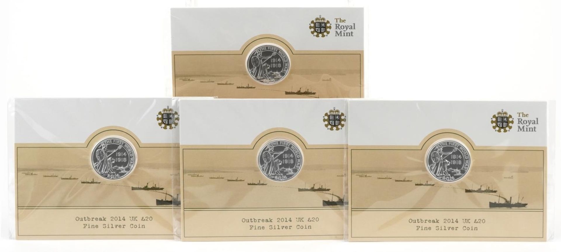 Four Elizabeth II 2014 Outbreak twenty pound fine silver coins by The Royal Mint
