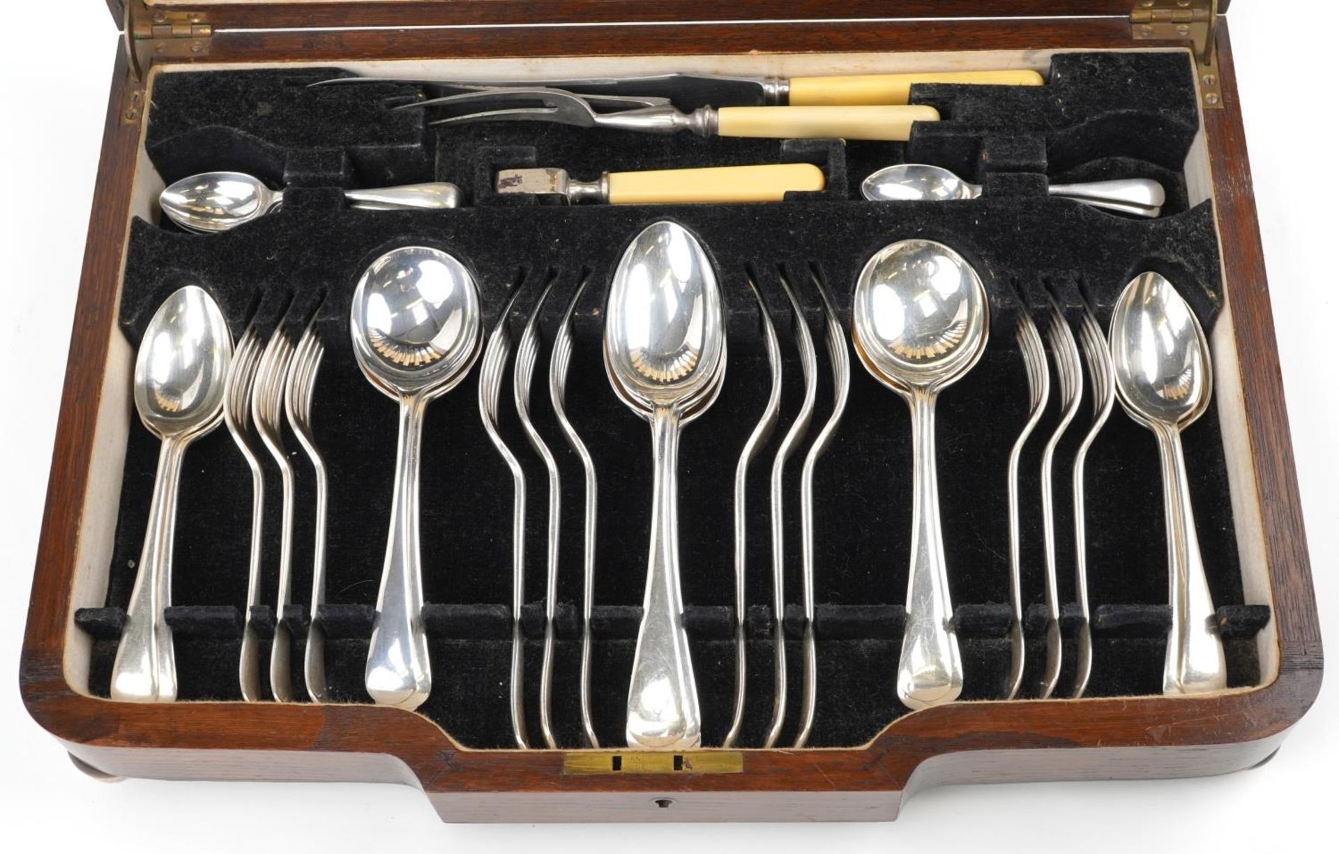 Art Deco six place canteen of Bravingtons silver plated cutlery, some with ivorine handles, housed - Image 3 of 8