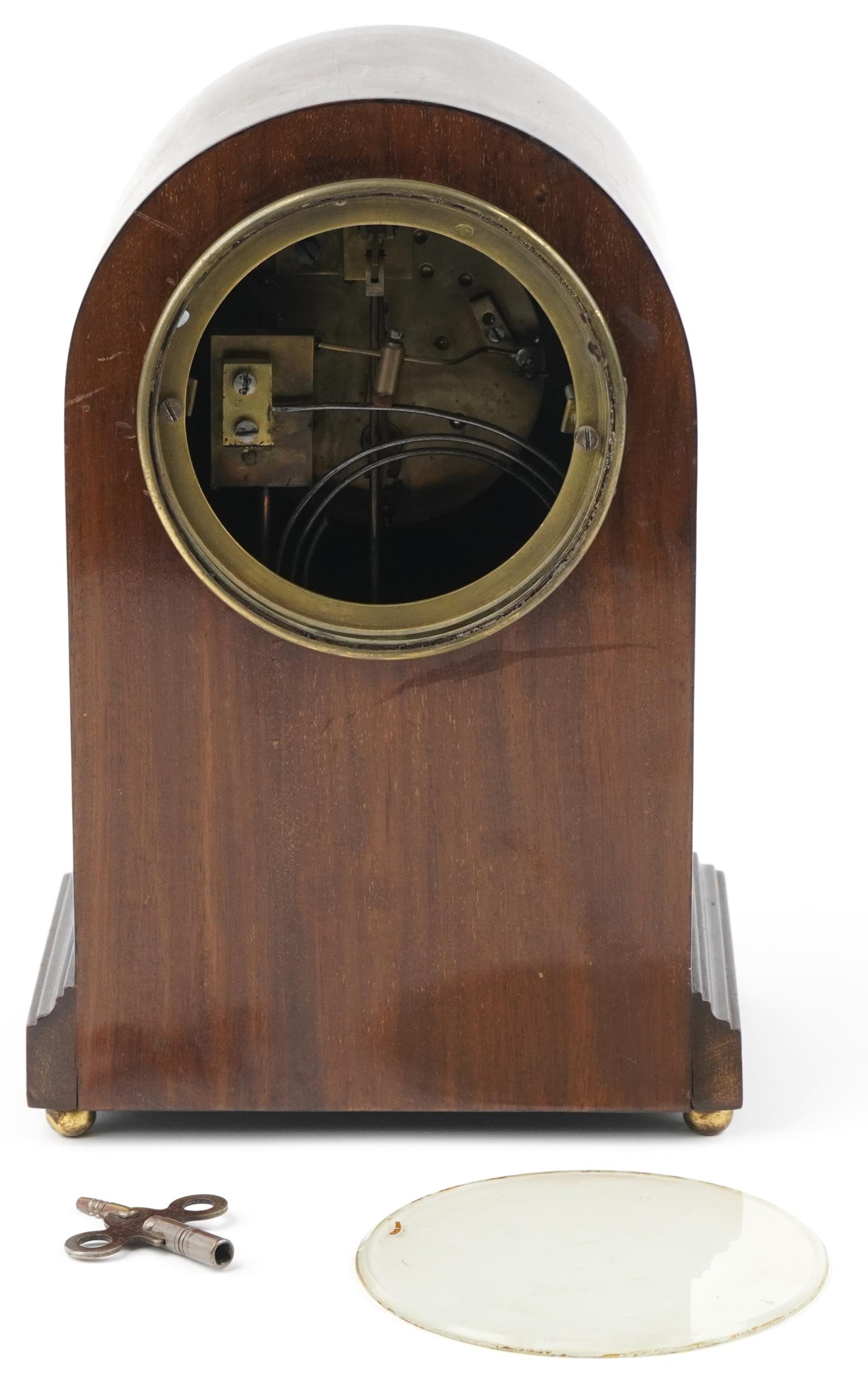 Edwardian inlaid mahogany dome top mantle clock with painted chapter ring having Roman numerals, - Image 4 of 6