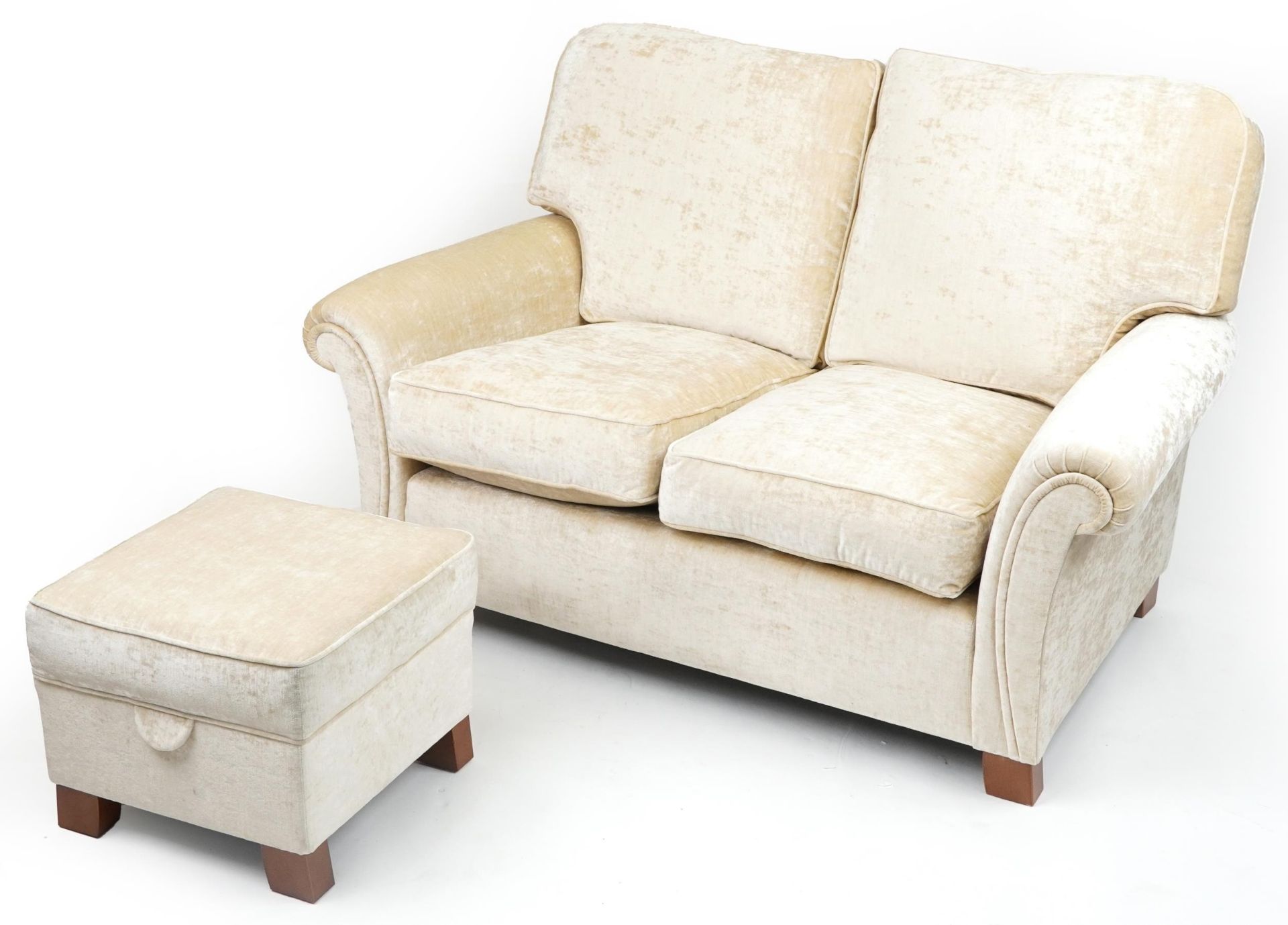 Contemporary beige upholstered two seater settee with matching footstool, 100cm H x 145cm W x