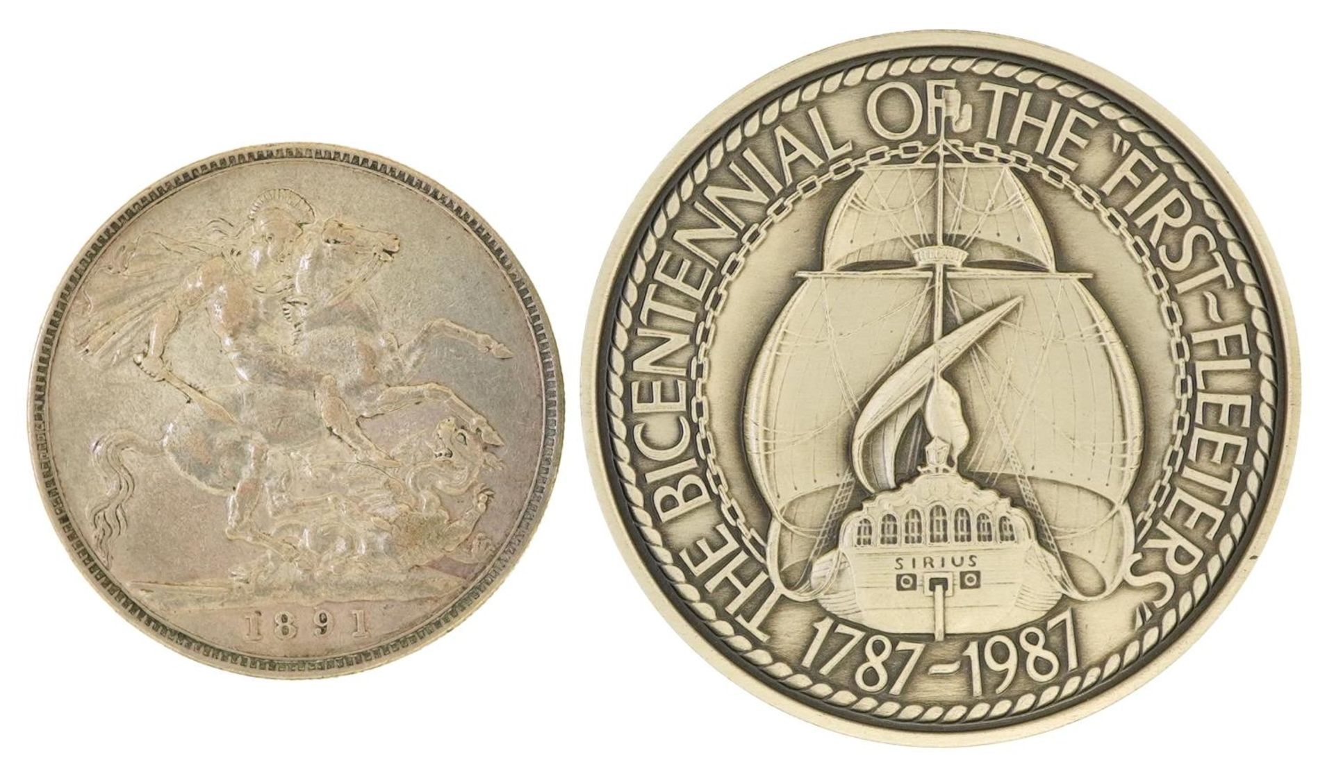Queen Victoria 1891 silver crown and a silver medallion commemorating the Bicentennial of the - Image 2 of 6