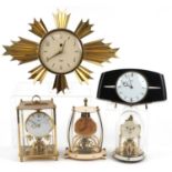 Five mid century and later clocks including a brass eight day sunburst design example, Kundo and