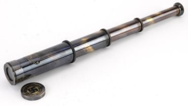 Brass three draw pocket telescope, 40cm in length extended