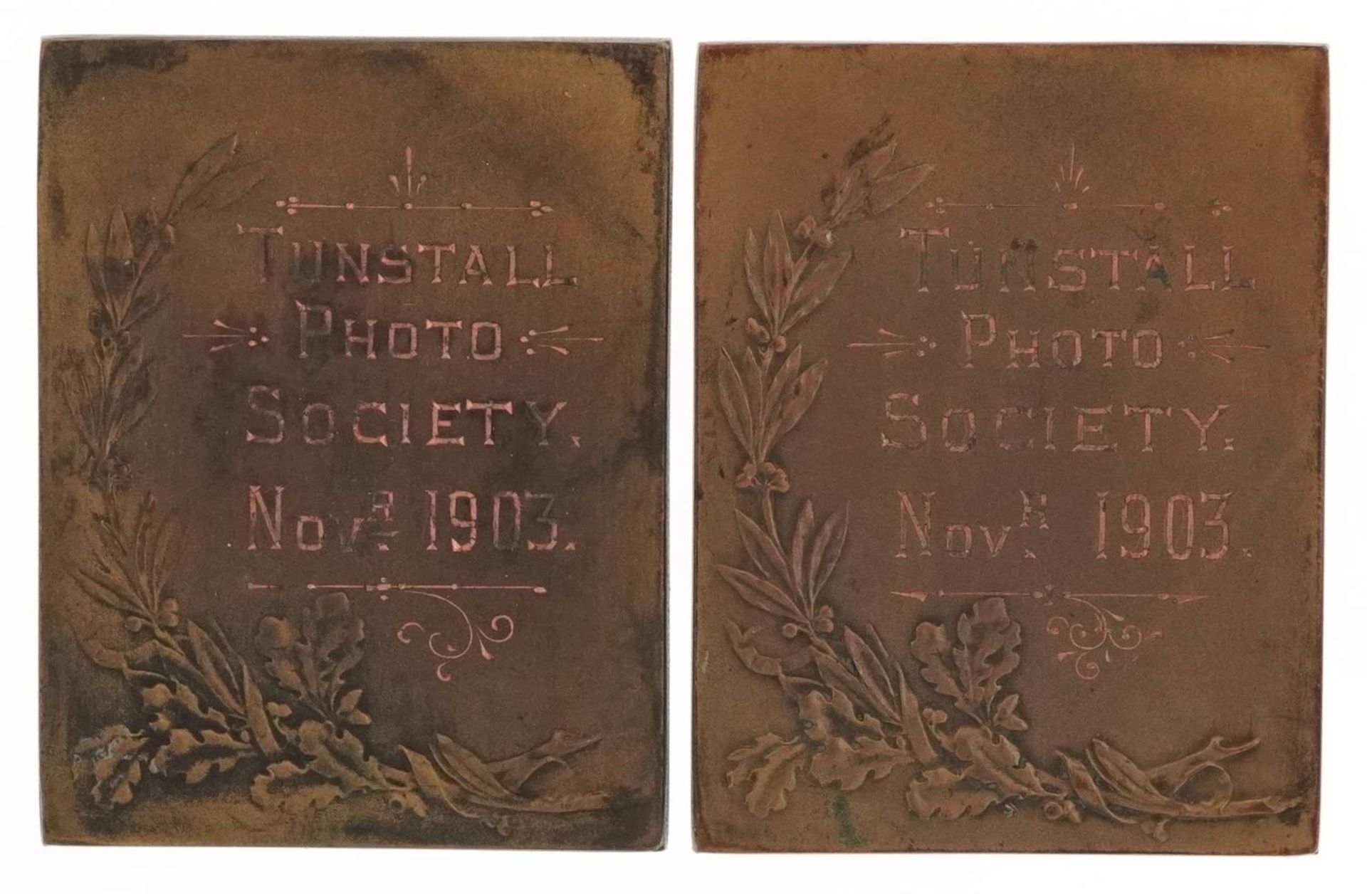 Two Art Nouveau Tunstall Photo Society bronzed medallions including one housed in a J A Restall - Image 3 of 4