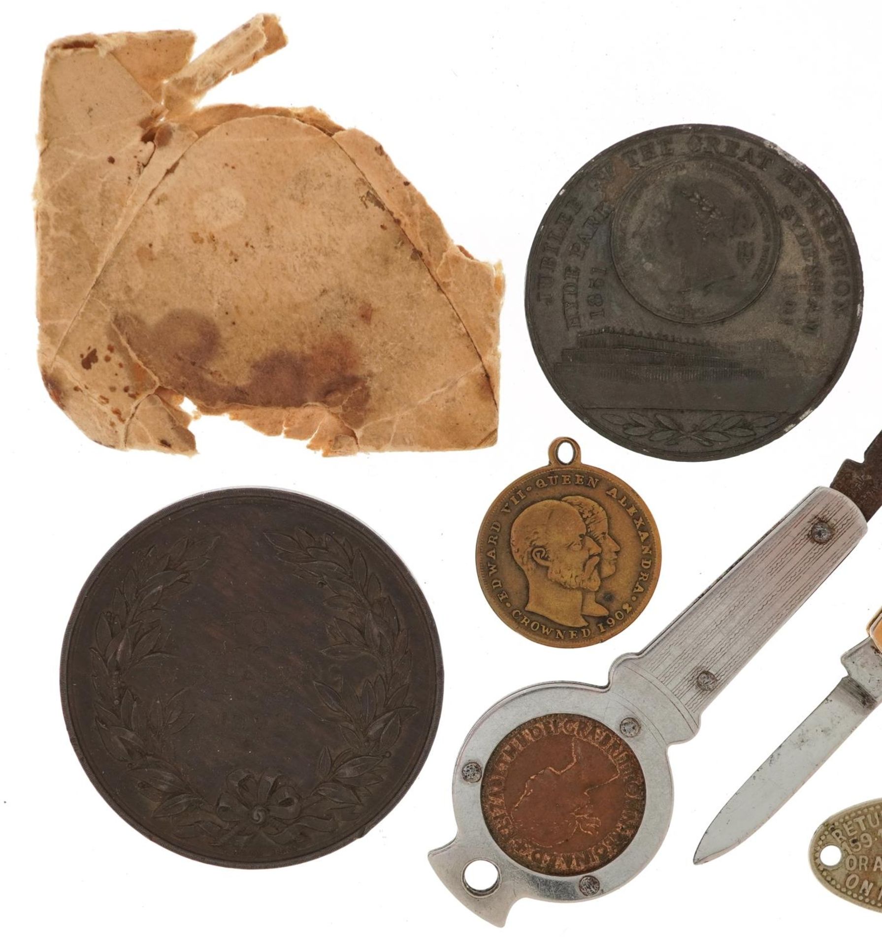 Coins and medallions including two Penny-Farthing folding pocket knives and an Earls Court - Bild 5 aus 6
