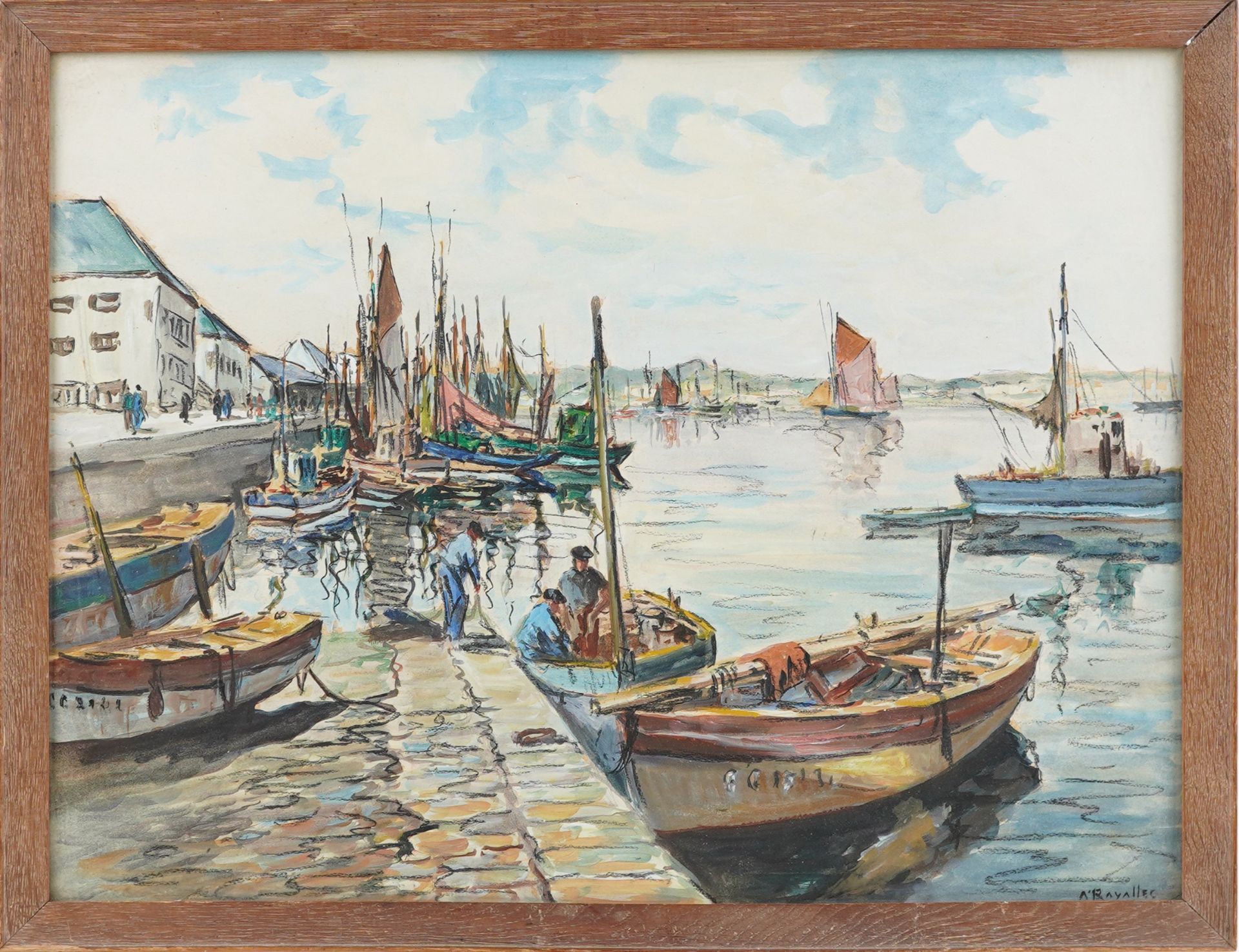 A Ravallec - Harbour scene with fishing boats, mixed media, framed and glazed, 48.5cm x 37cm - Bild 2 aus 4