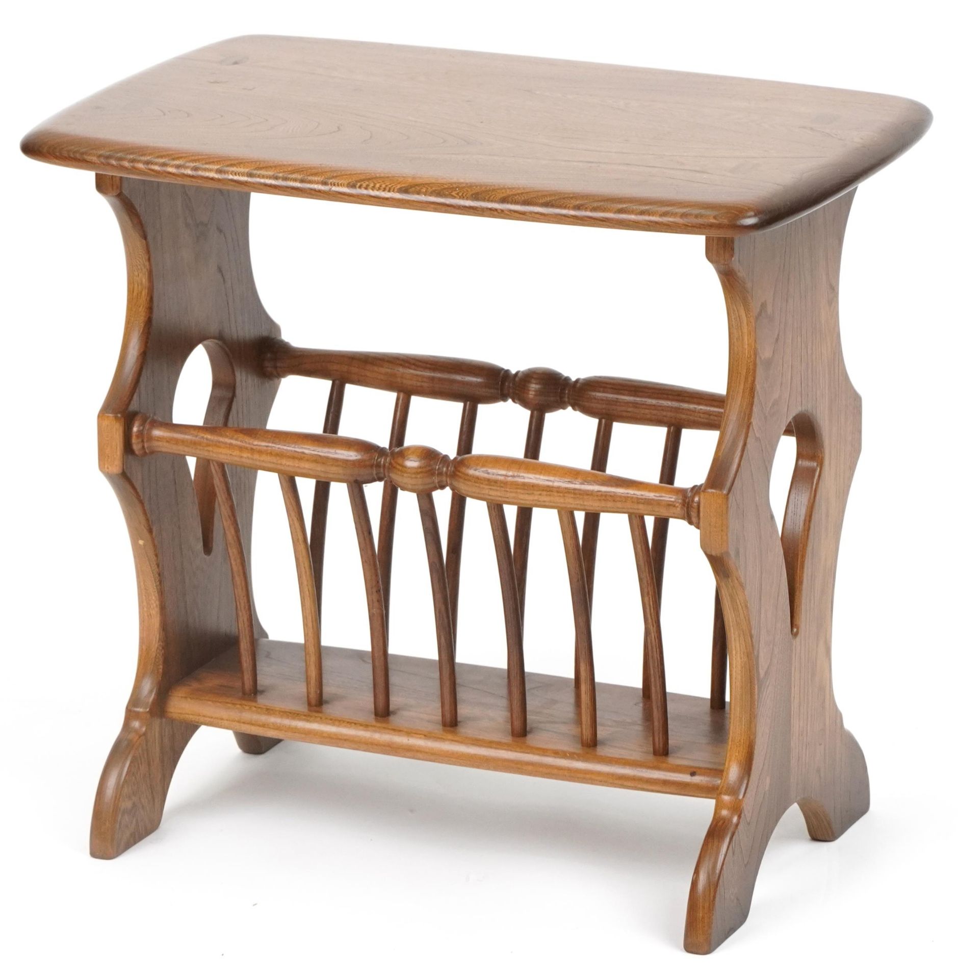 Ercol elm occasional table with magazine rack, 50cm H x 54cm W x 36cm D