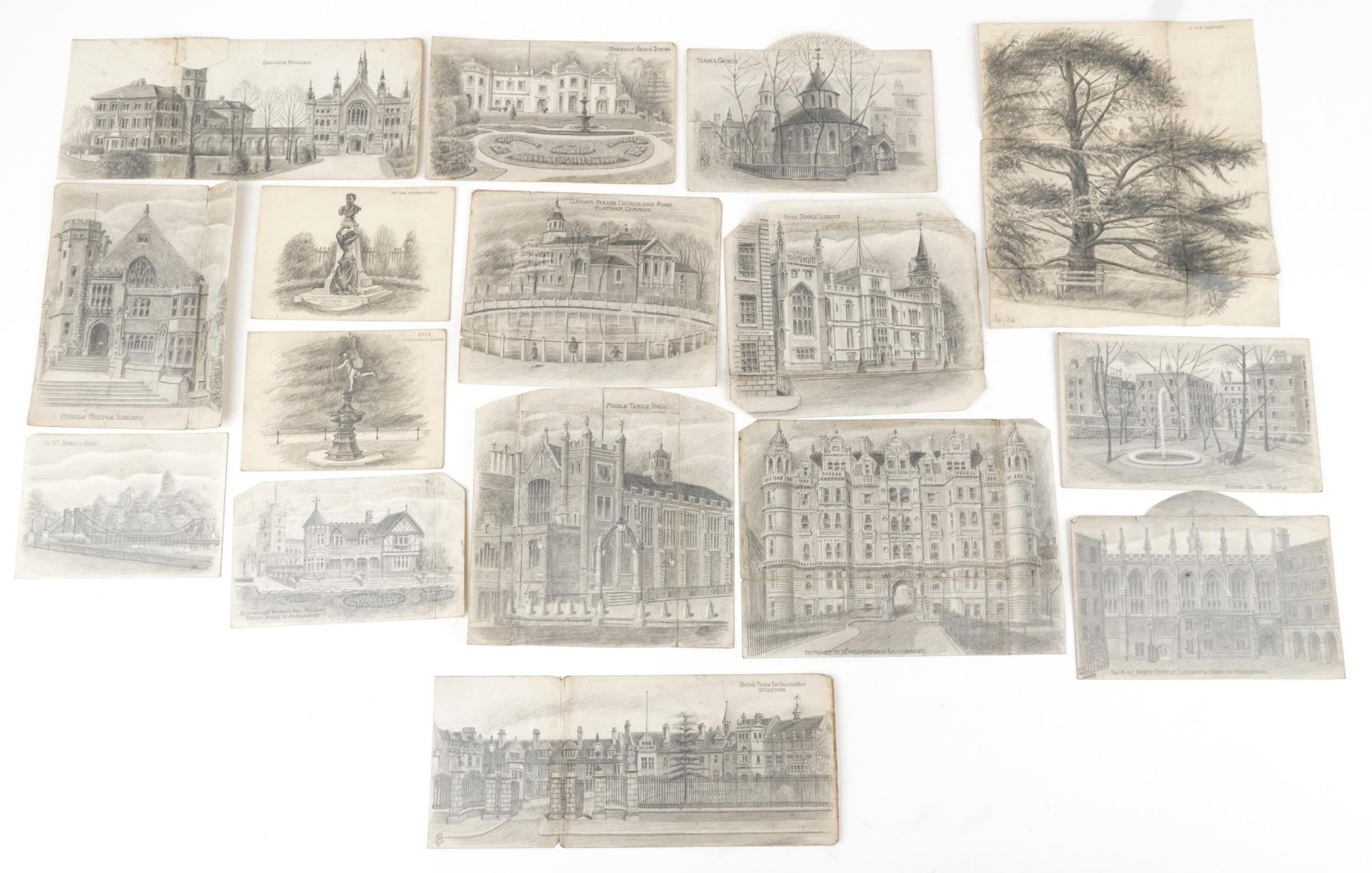 Fifteen early 20th century architectural pencil drawings on card of Embankment London including