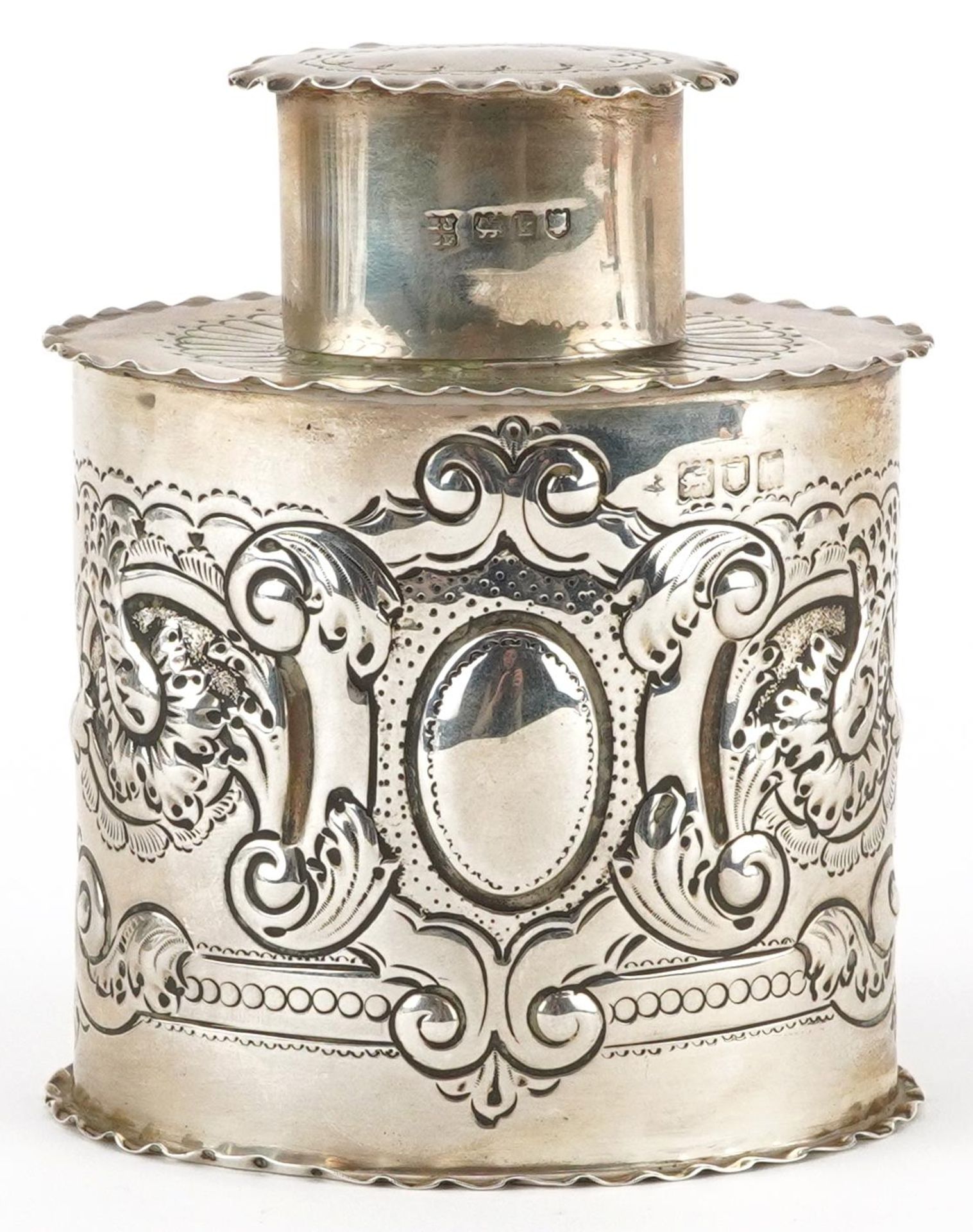 Josiah Williams & Co, Edwardian silver tea caddy embossed with flowers and scrolls, London 1905, 9. - Bild 3 aus 5