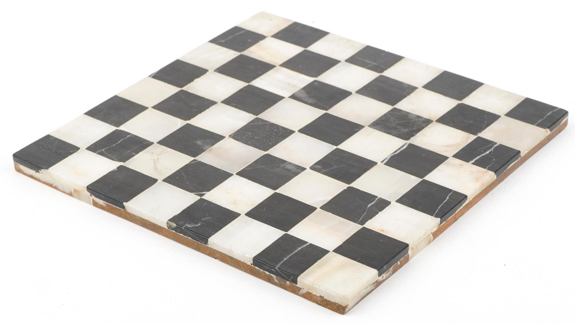 Black marble and onyx chess board, 28.5cm x 28.5cm