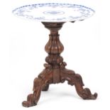 Victorian carved mahogany and walnut tripod table with porcelain tray top, 60cm high x 56cm in