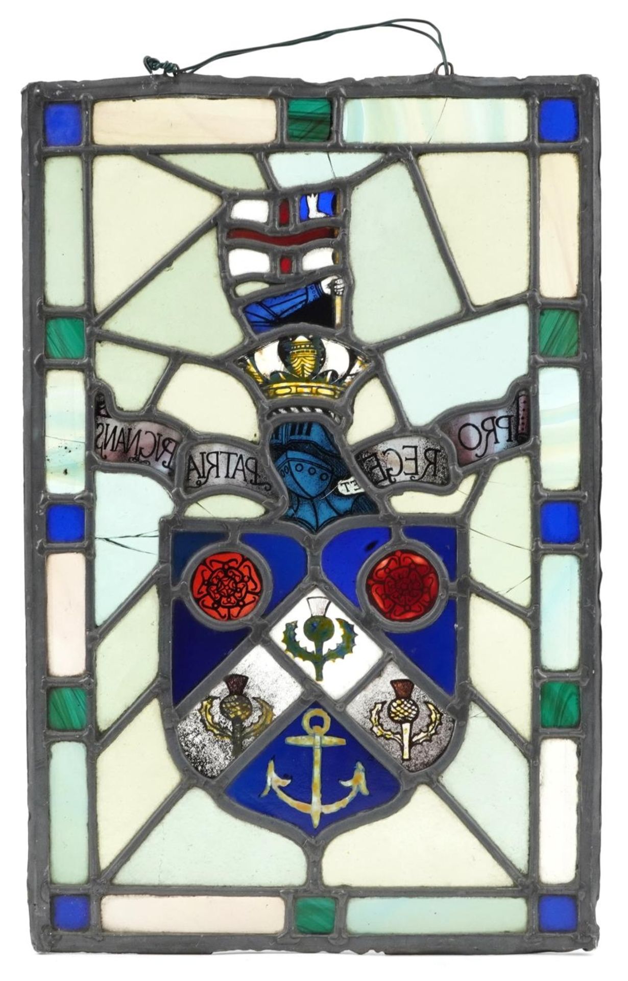 Antique leaded stained glass panel with heraldic crest inscribed Pro Rege Et Patria Rvgnans, 44. - Bild 2 aus 2