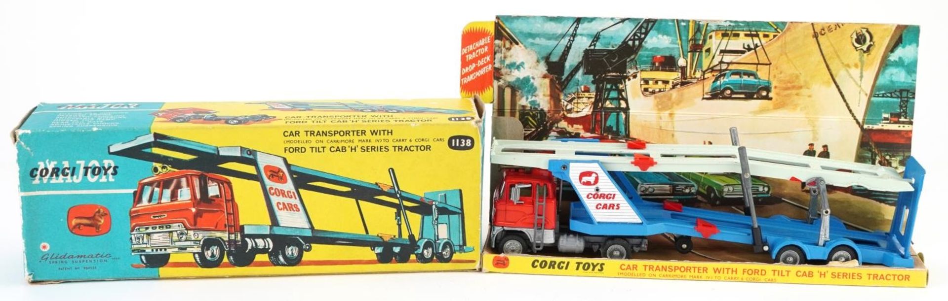 Vintage Corgi Major diecast car transporter with Ford Tilt Cab H Series Tractor and box numbered