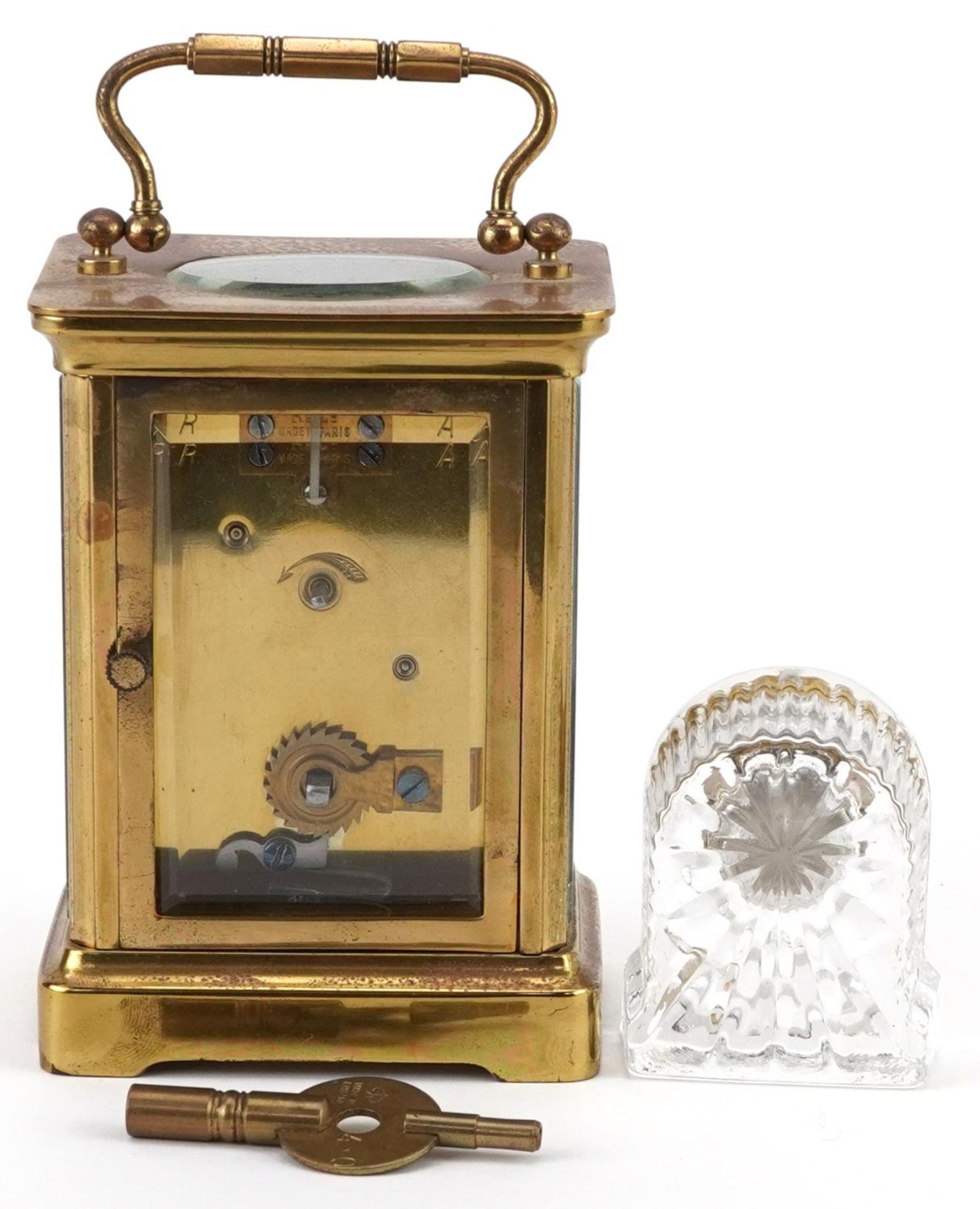 French brass cased carriage clock with enamelled dial having Roman numerals and an Edinburgh Crystal - Image 2 of 5