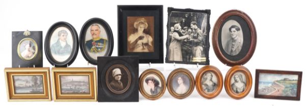 Georgian and later portrait miniature and picture frames housing various pictures and prints