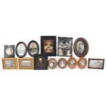 Georgian and later portrait miniature and picture frames housing various pictures and prints